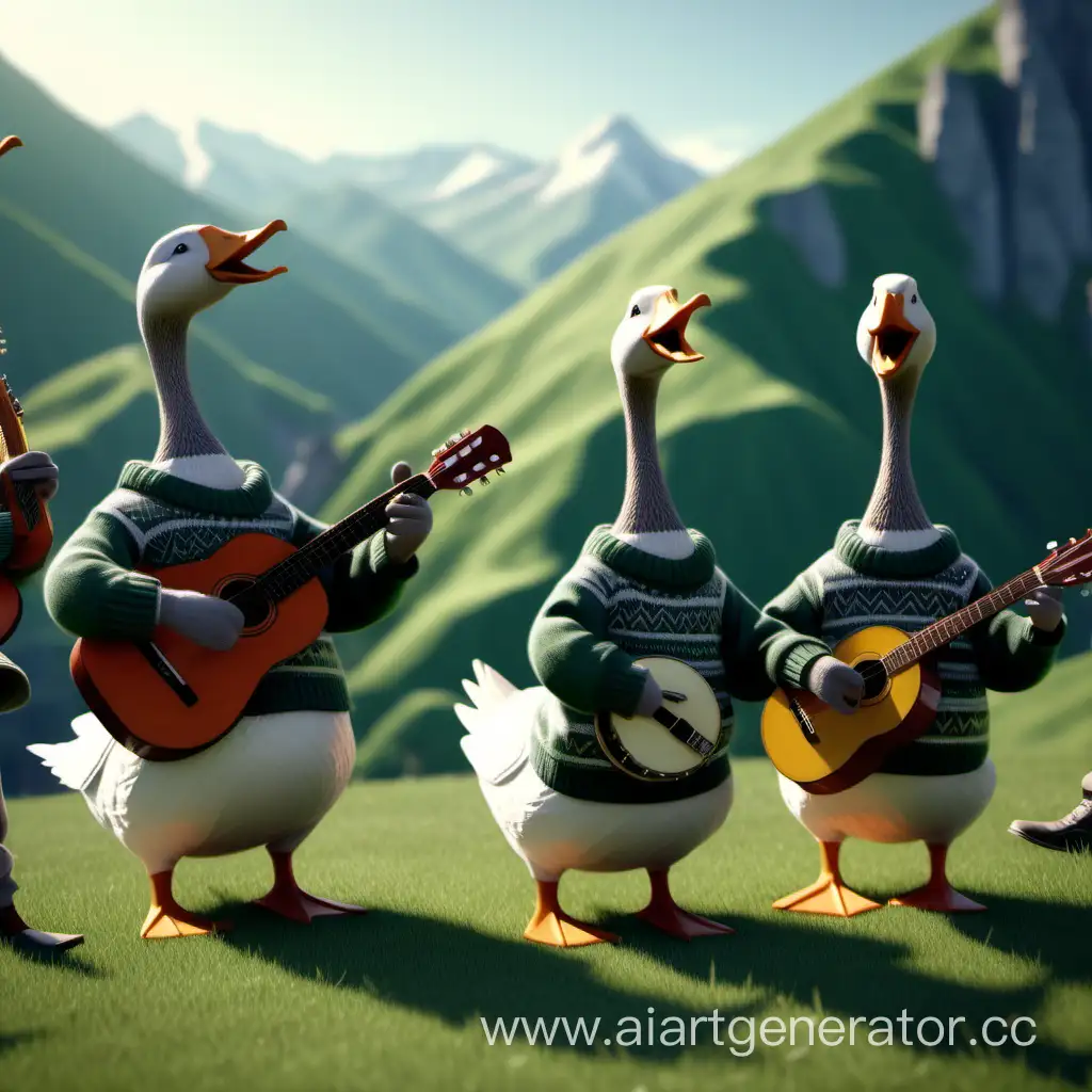 Musical-Geese-Serenade-in-Sweaters-Amidst-Scenic-Mountain-Valley