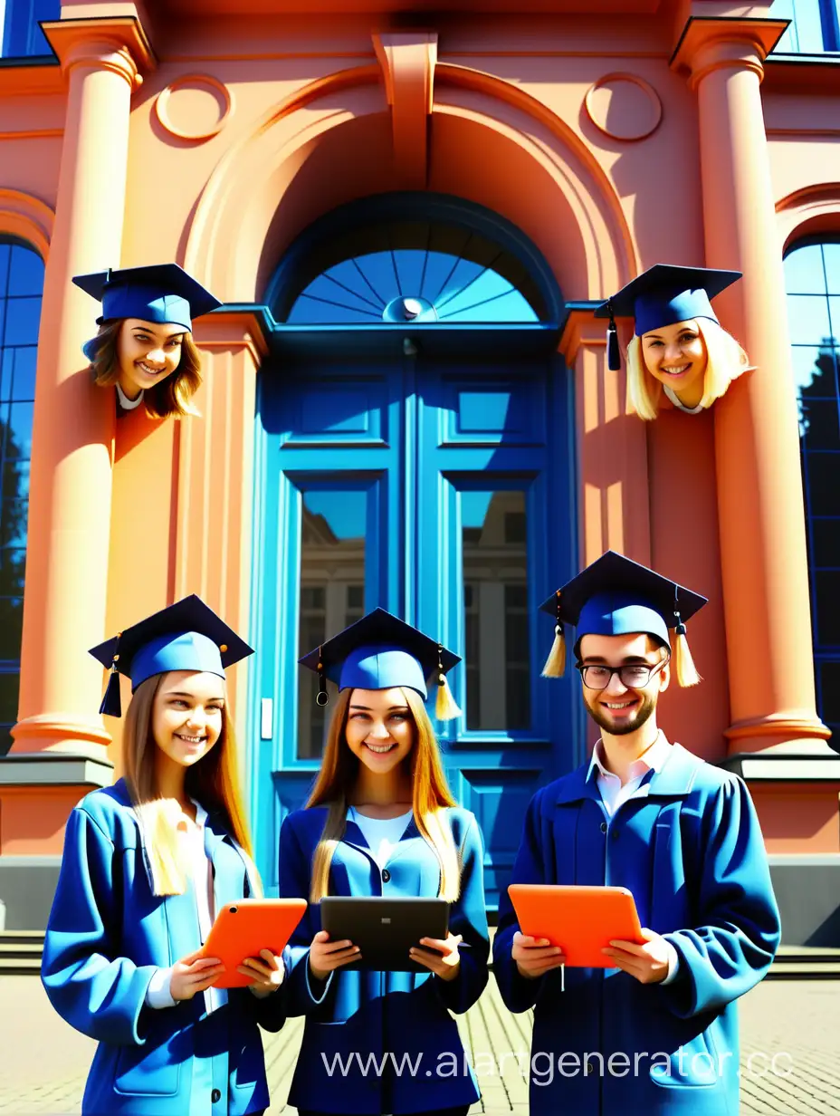 2 small areas for writing text, bright and light fashion photo, the main Saint-Petersburg University of Industrial Technologies and Design is in the background, in front of are 3 happy european good looking graduates 2 guys and 1 girl in academic clothes and master hats dark blue, guys and girl are standing near the building and hold tablets which is a portal to another fantasy world of colours and from which bright colours fly around the university and across the street, natural daylight, focus on students