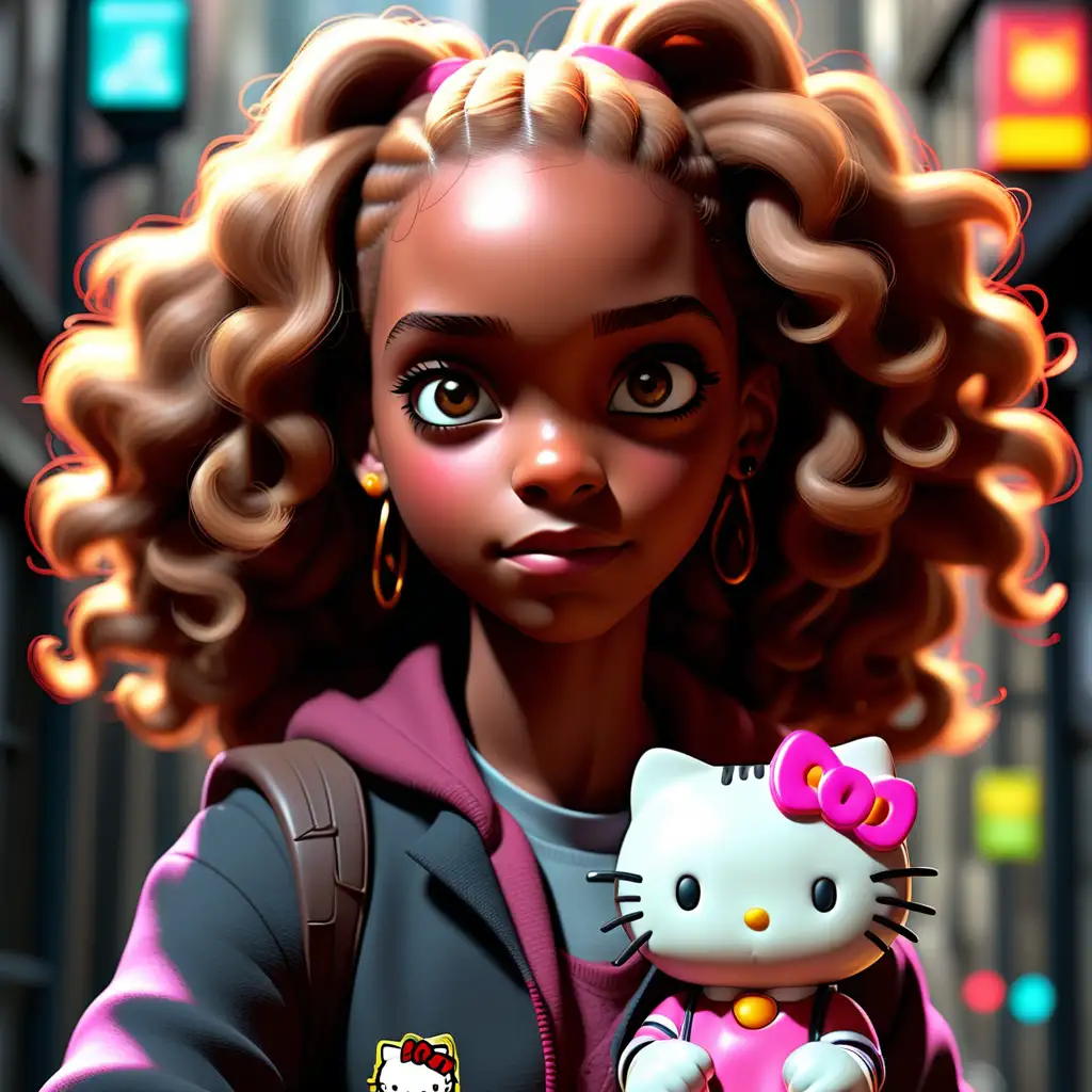 keep with the same image create an african american hermione granger, radiating positive energy, with a bright aesthetic look with her pal Hello Kitty