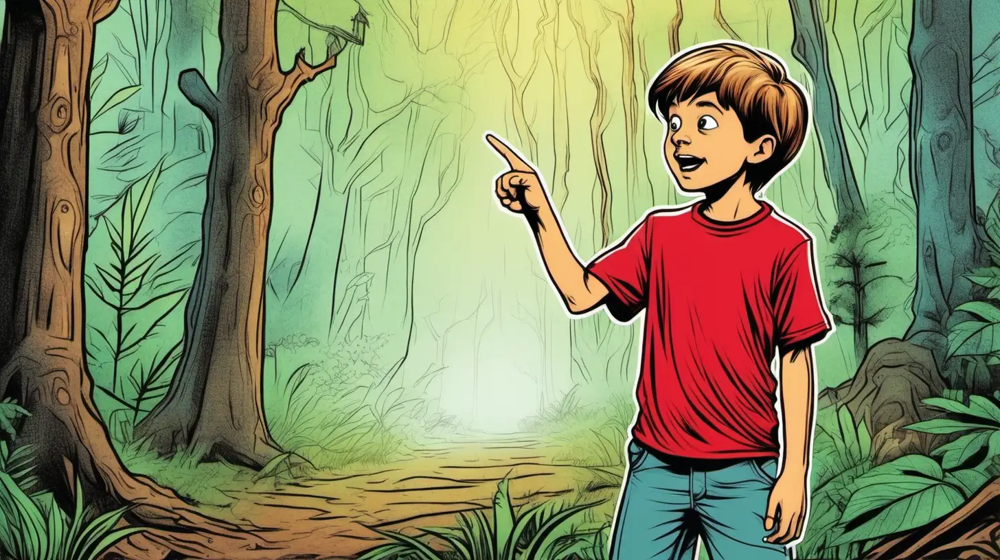 illustrate A ten-year-old wearing a red t-shirt boy pointing somewhere   , in the magical forest