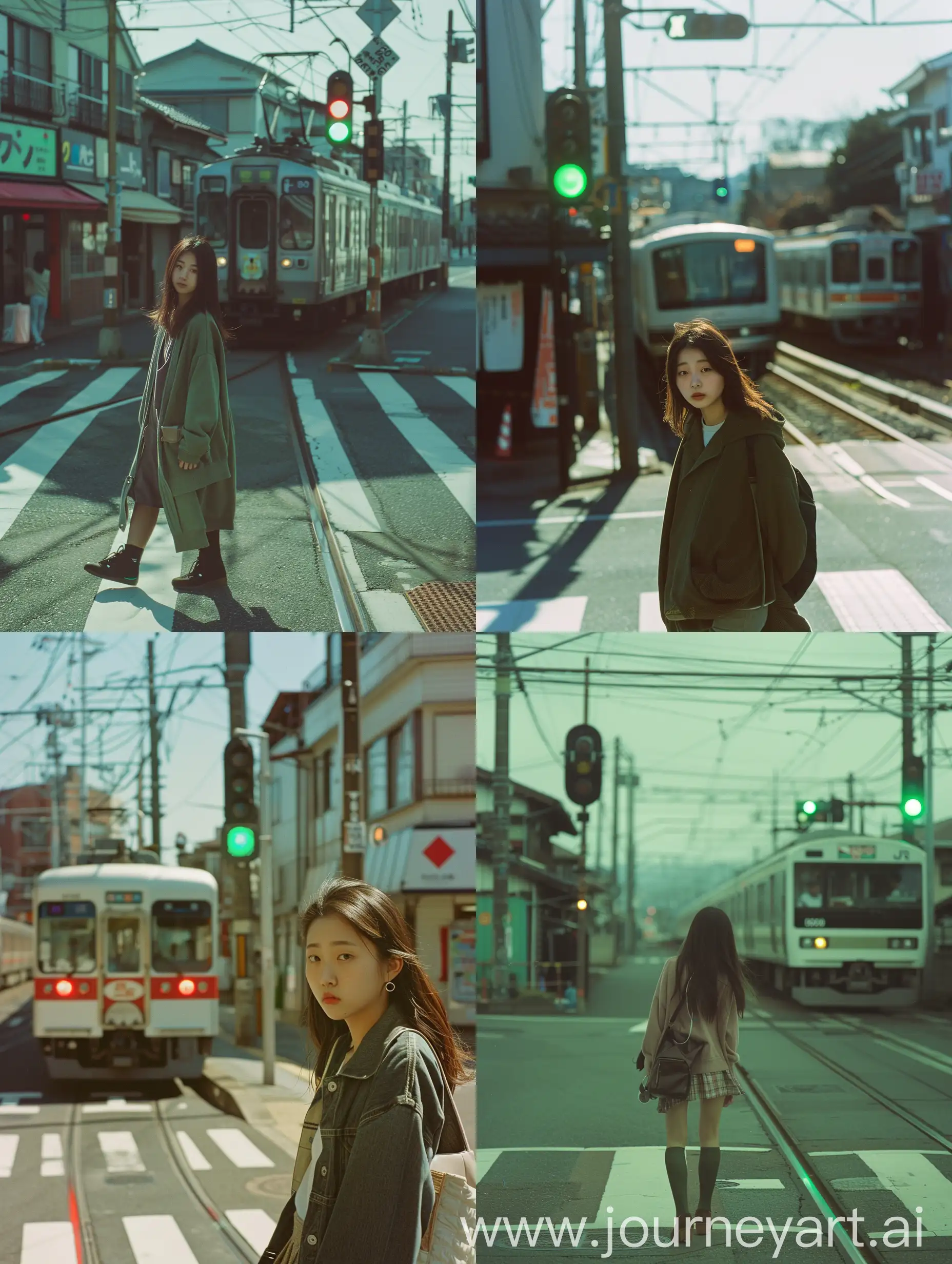 Full body, an Asian woman walking across the street near a train, a Lone girl waiting for a train, green light, hyper realistic film photography, fujicolor photo, color film street photography, portra 800 street photography, Japanese travel aesthetic, color analog photography, friendly face looking at the camera.....