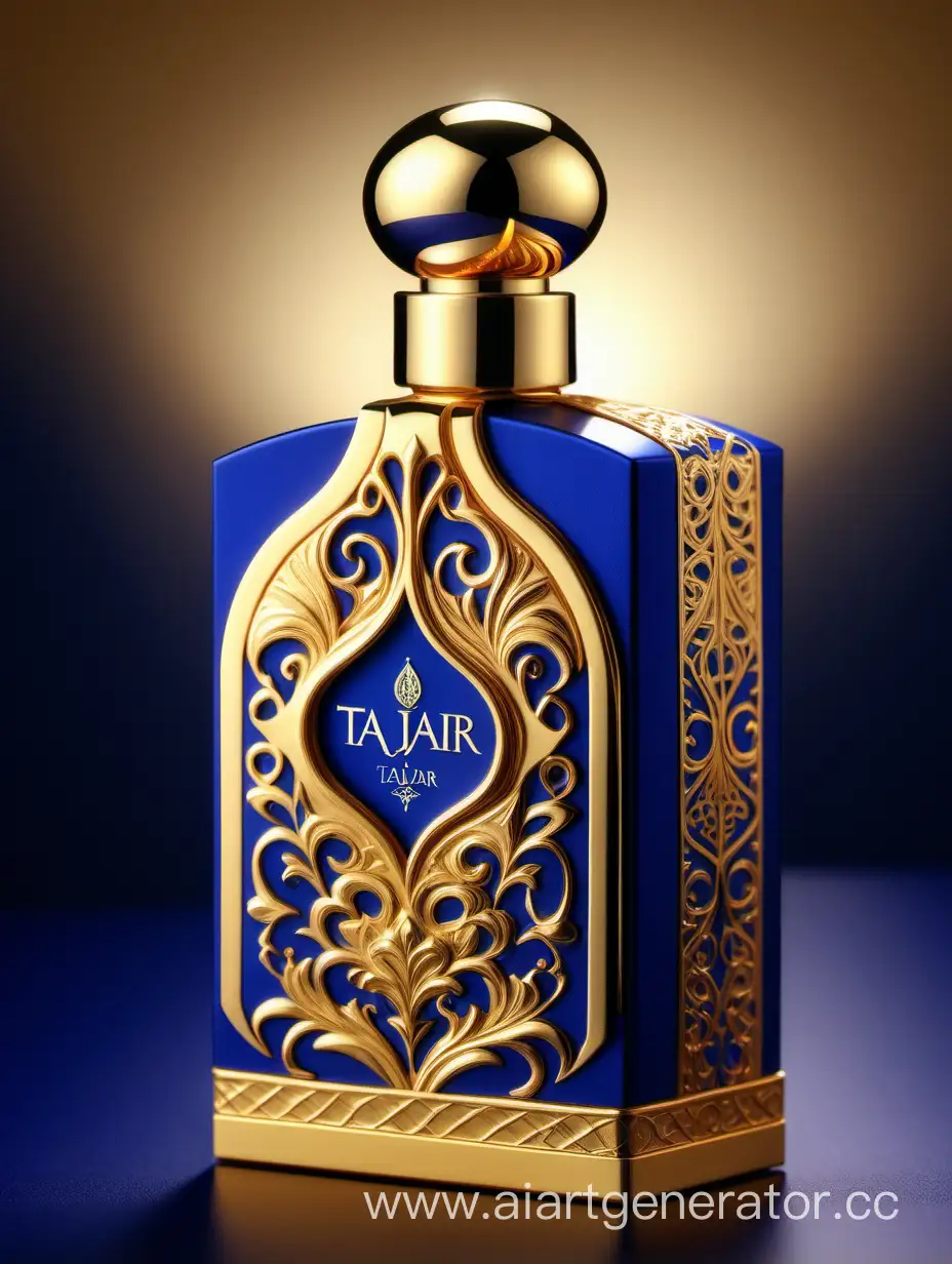 Box package design of perfume TAJDAR product, elegant, trending on artstation,   sharp focus,   studio photo,   intricate details,   highly detailed,   gold, Royal Blue and beige color on gold background