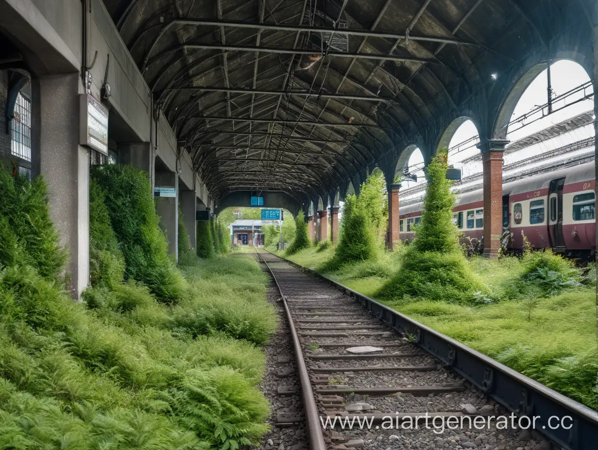 a derilict, overgrown train station