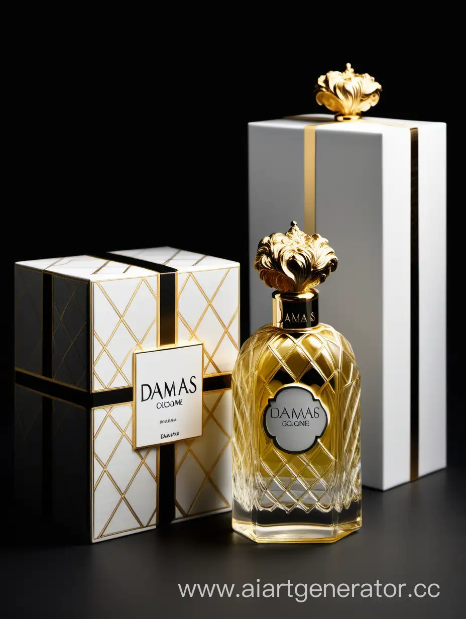 a bottle of damas cologne sitting next to a dark White box,with golden lines a Baroque dynamic luxurious composition, feminine
flemish Baroque