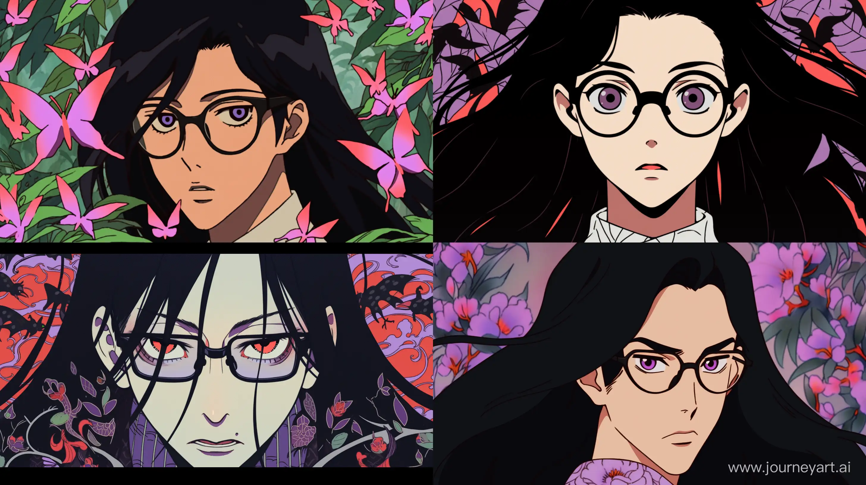 handsome boy with pale skin and straight messy half-long black hair, only wears black, bright purple eyes, ears piercing. 80’s anime. studio ghibli. retro orange tainted glasses. black lipstick. black nails. ears piercings. VHS effect. flat colors. cell shading. ink lines. naoko takeuchi. in the style of nostalgic illustrations. --ar 16:9 --niji 5