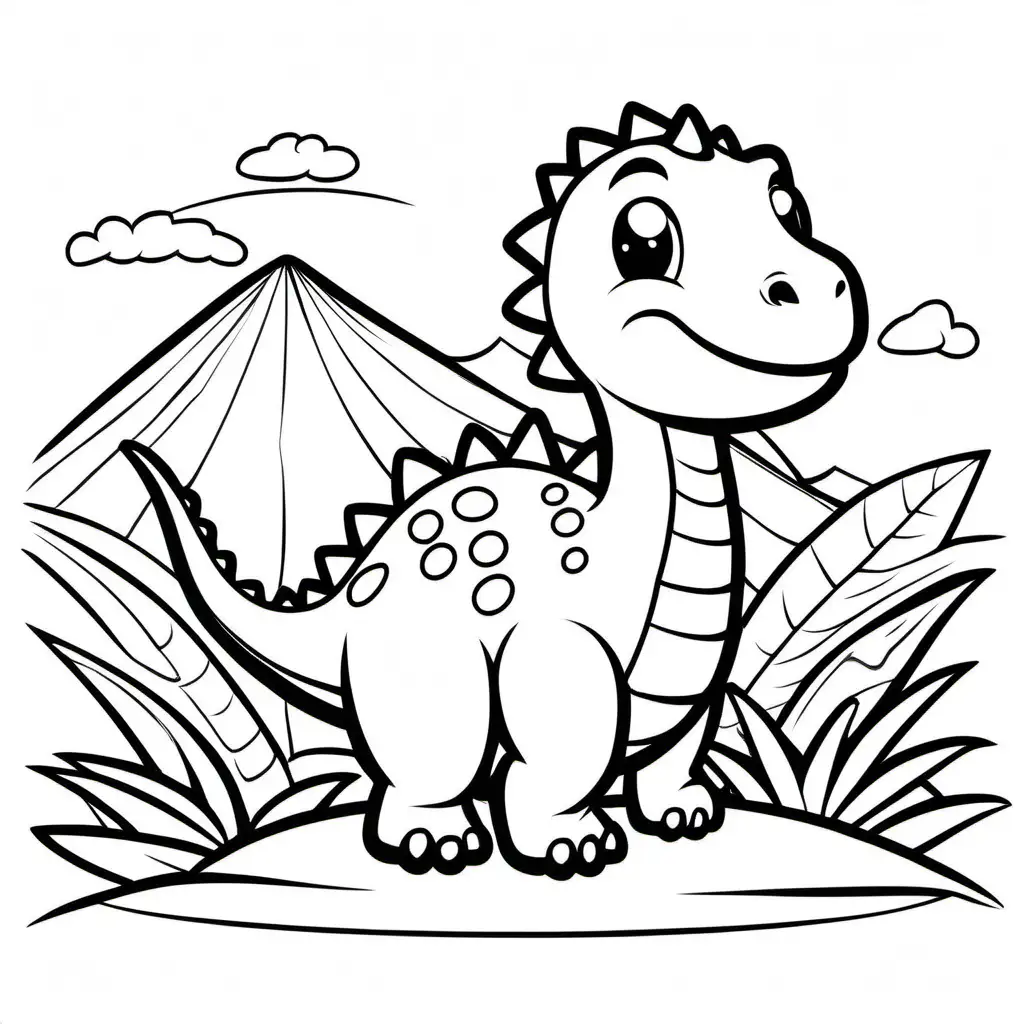 Cute dinosaur no background , Coloring Page, black and white, line art, white background, Simplicity, Ample White Space. The background of the coloring page is plain white to make it easy for young children to color within the lines. The outlines of all the subjects are easy to distinguish, making it simple for kids to color without too much difficulty