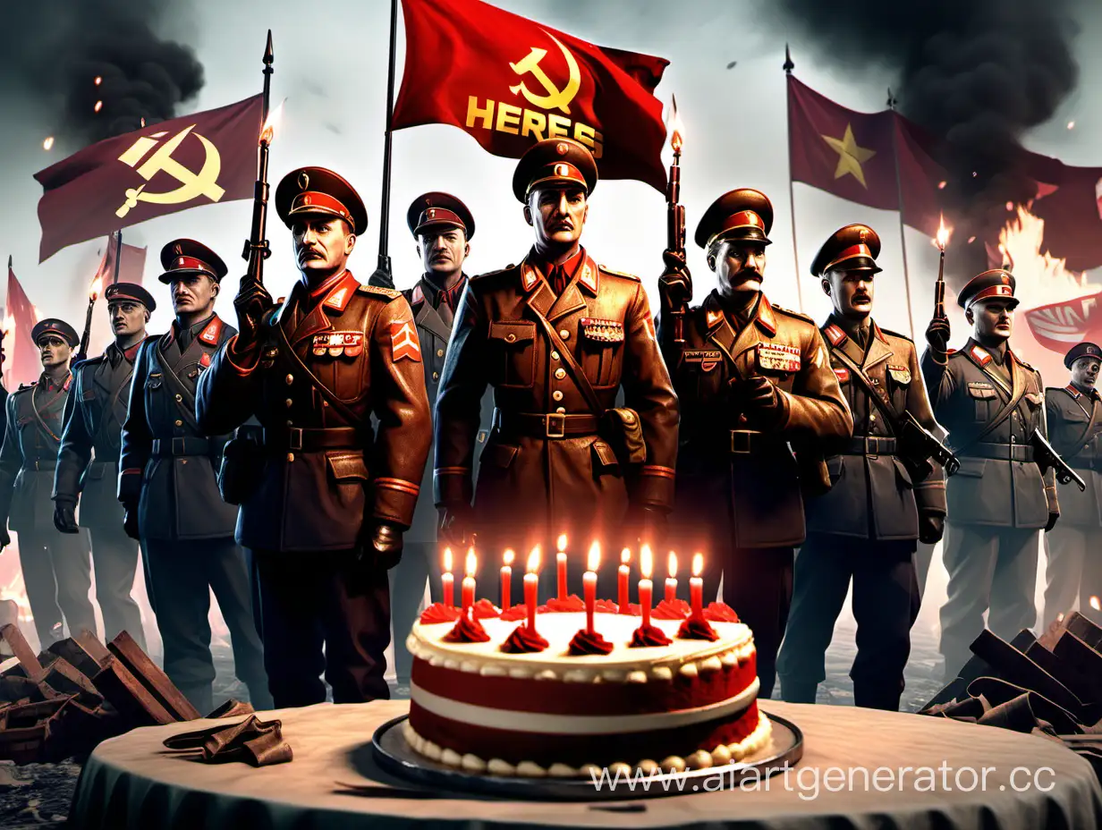 happy birthday greeting card in the style of the game company of heroes 3. in the foreground, allied soldiers and fascists with a cake with candles in their hands in the background, a flagpole with the flag of the USSR. Use screenshots from the game company of heroes 3.