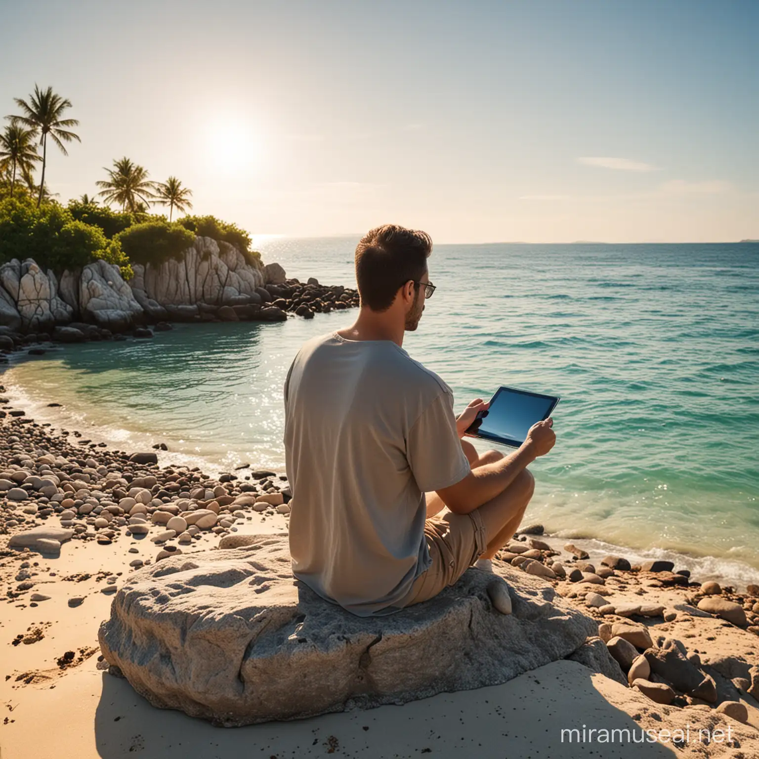 Man on the island beach sitting on rock with tablet in hands. View from his back