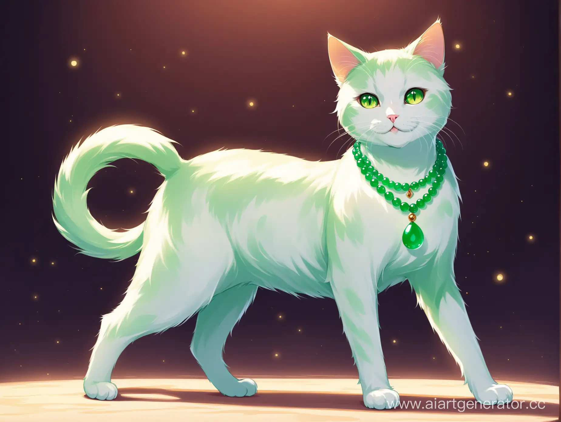 A cat: female body and tail, sexy, confident, birght eyes. wearing jade necklace