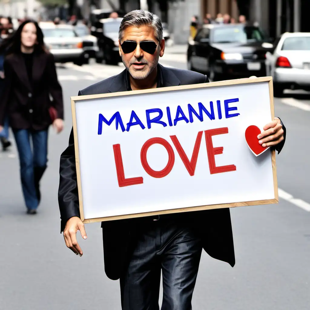 George Clooney carrying a sign saying Love Marianne
  