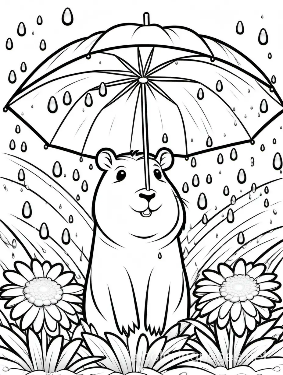 raining scenery where a capybara is under a daisy soaking wet in a crystal style art capybara is looking up the rain drops from the  daisy flower petals , Coloring Page, black and white, line art, white background, Simplicity, Ample White Space. The background of the coloring page is plain white to make it easy for young children to color within the lines. The outlines of all the subjects are easy to distinguish, making it simple for kids to color without too much difficulty