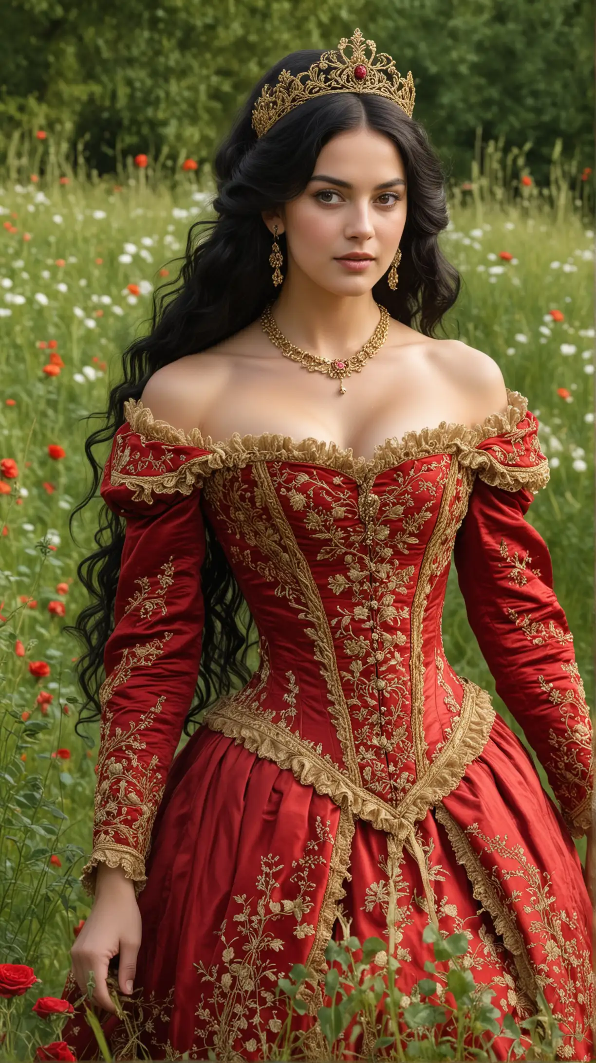 принцесса в платье 19 века красное ,вышытое  золотом,пышное ,корсет ,кудрявые длинные чёрные волосы, декольте,на голове золотая большая корона ,на шее колье идёт по зелёной густой траве , вокруг цветут розы