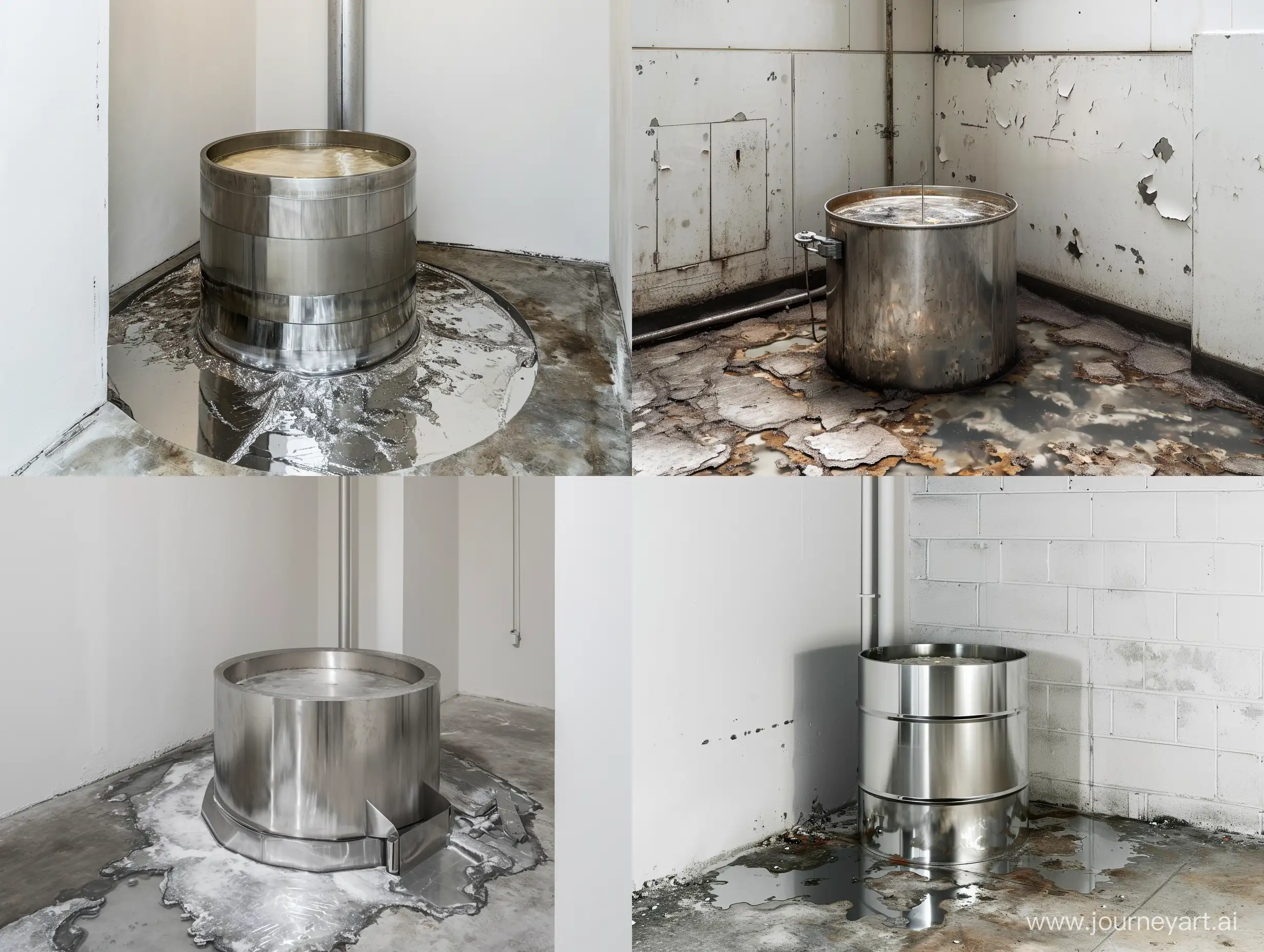 CINEMATIC (masterpiece, 8K, UHD, photorealistic:1.2), (stainless steel cheese factory equipment:1.3), a cylindrical stainless steel tub for making cheese in a corner of a metalworking workshop against a background of white walls and a concrete floor covered with liquid glass