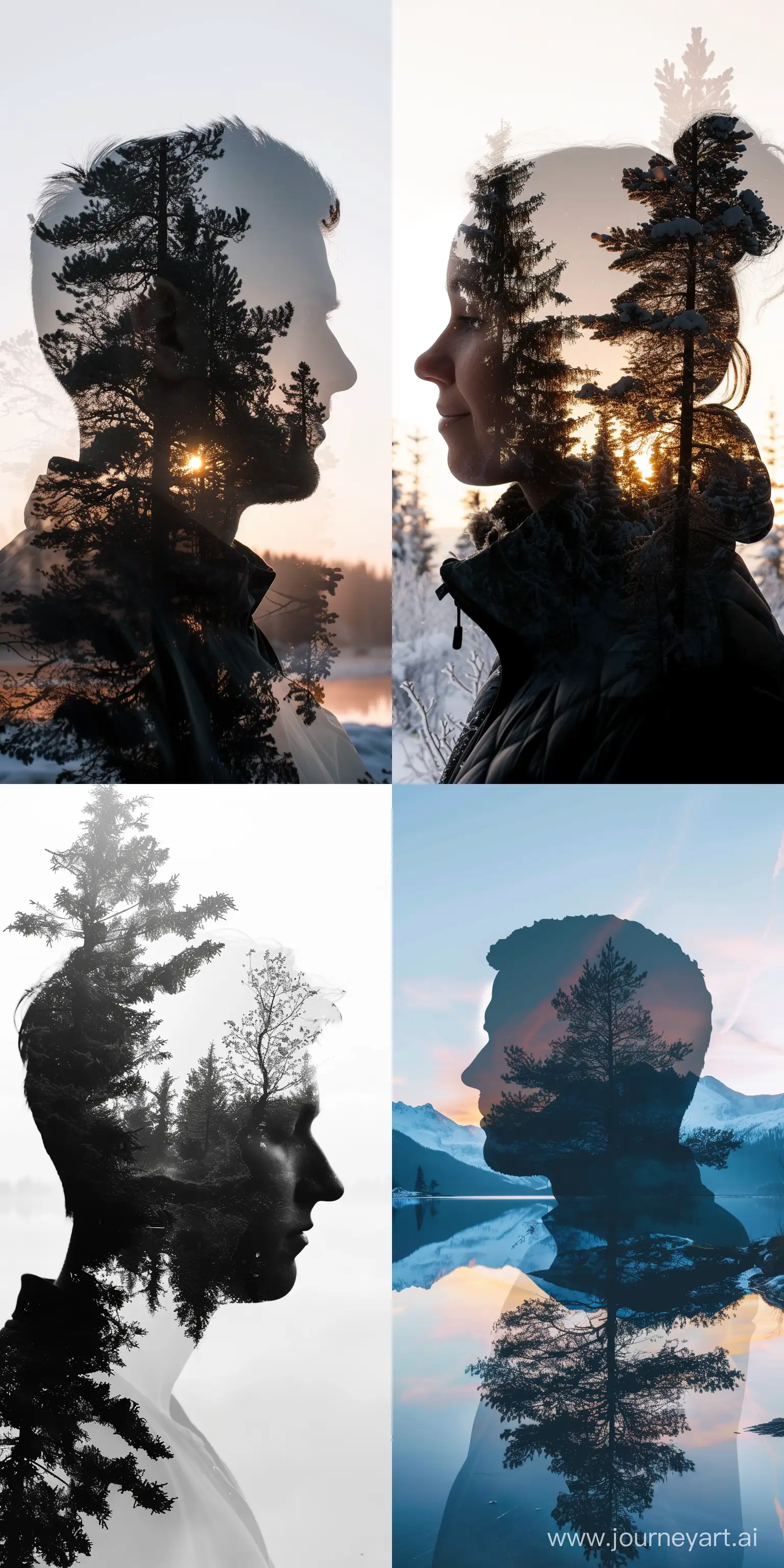 Double exposure, silhouette, Nordic Landscape --ar 1:2