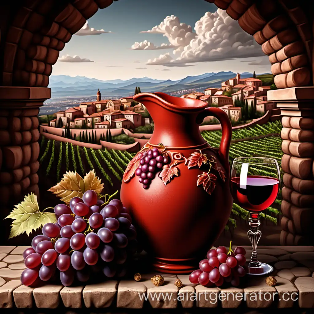 Глиняный кувшин. арка с красным виноградом. ваза с фруктами. бокал с вином.изобилие.холмы на заднем плане.прорисовка деталей.барокко.