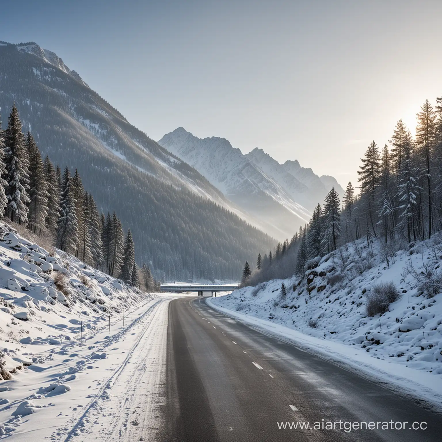 Зимняя дорога в горах днем