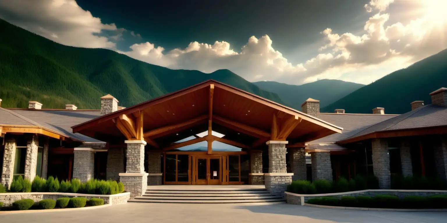 Luxury Mountain Resort Front Entrance Amidst Majestic Mountains