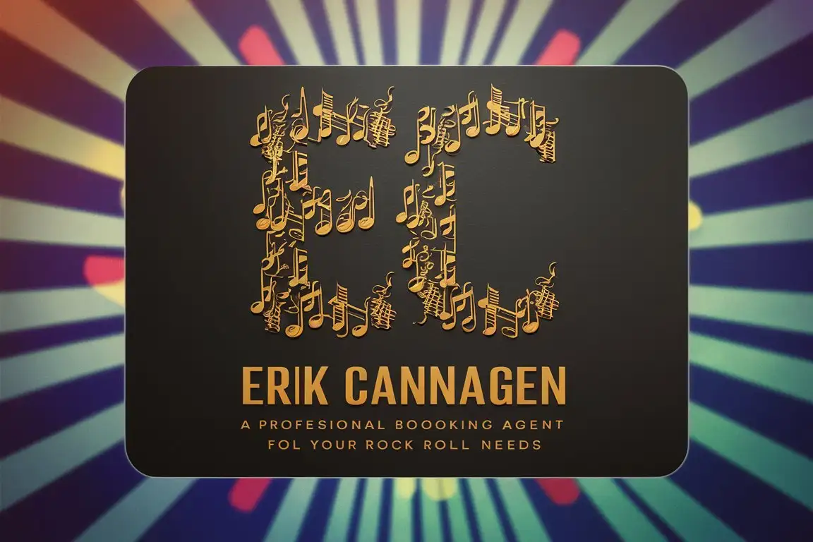 business card, music notes, Erik Cannagen, 417-864-6565 "for all your rock and roll booking needs"
