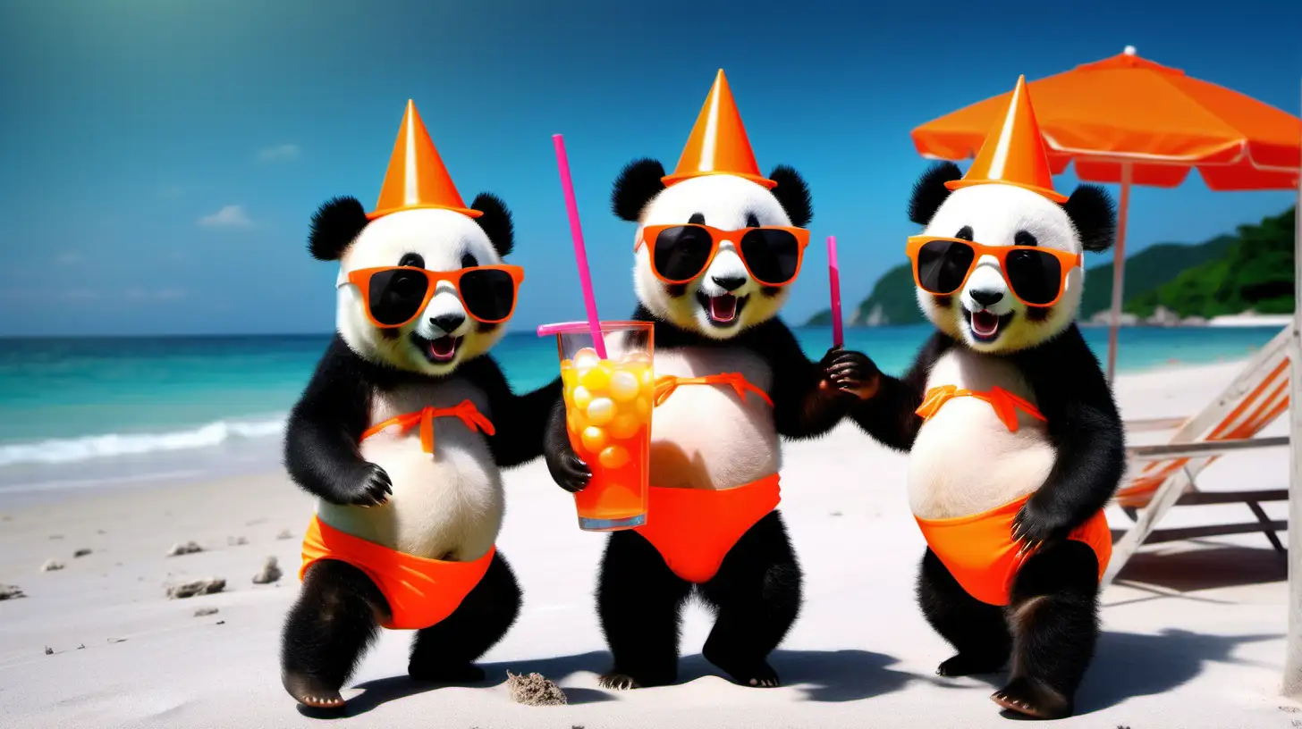 Adorable Baby Pandas Strolling Along a Neon Beach with Fashionable Supermodels