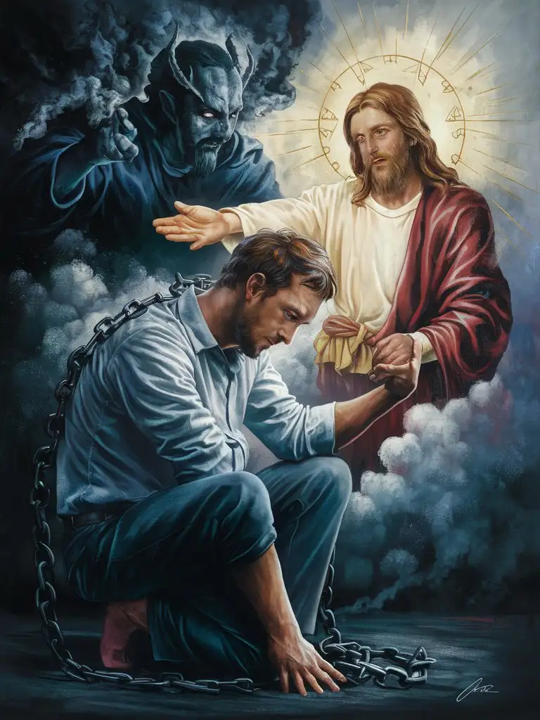 Create a harmonious digital painting a thought-provoking painting of a handsome man carrying a heavy burden of guilt and shame, with Satan taunting them with reminders of past mistakes, while Jesus reaches out with a hand of compassion and forgiveness.