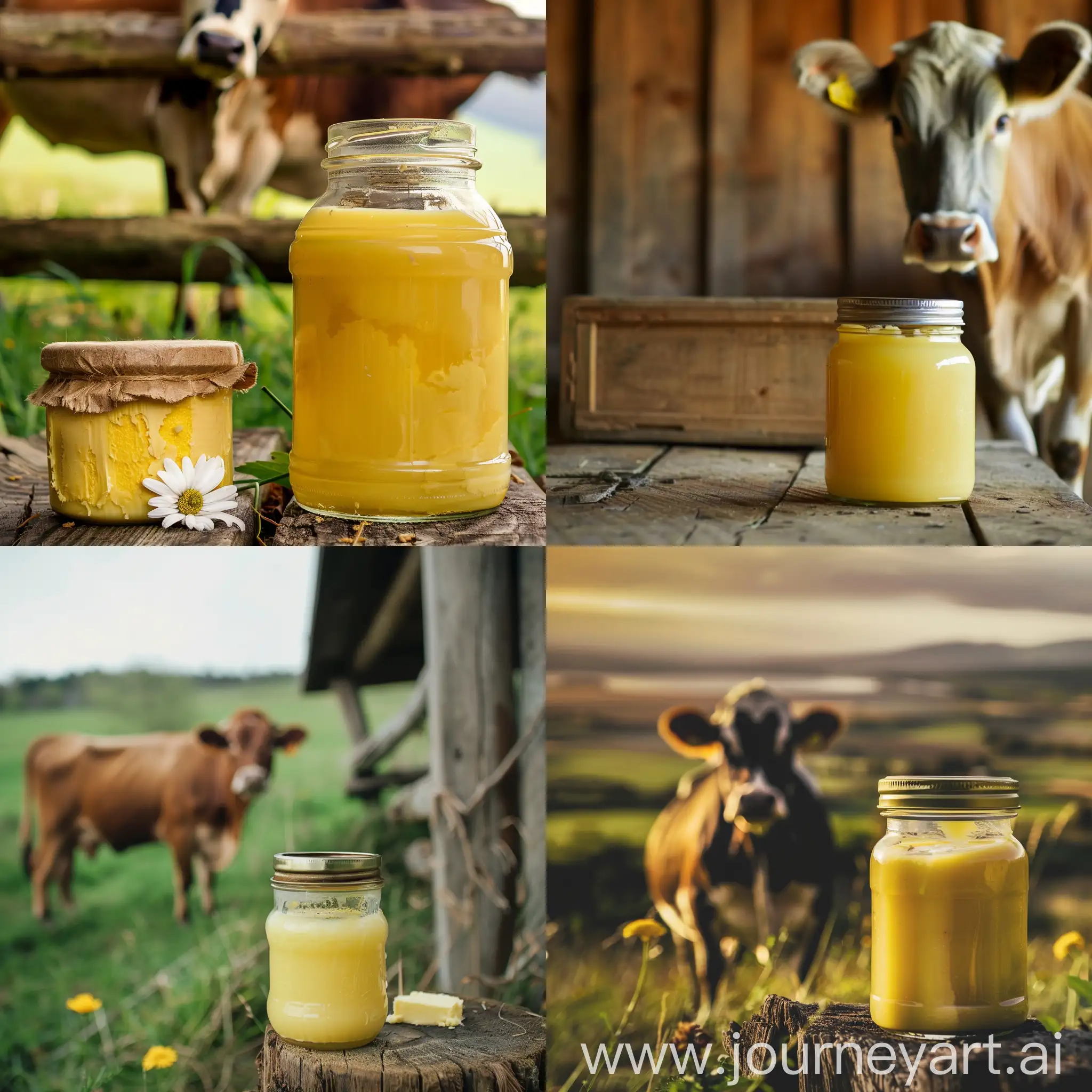 A cow in a farm   a jar of ghee