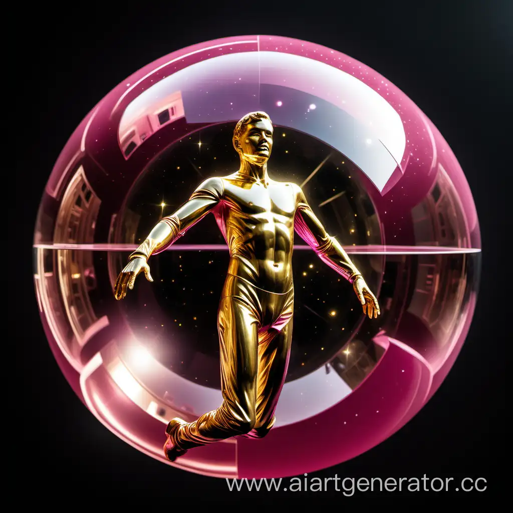 Golden-Man-Floating-in-SemiTransparent-Pink-Sphere-in-Space