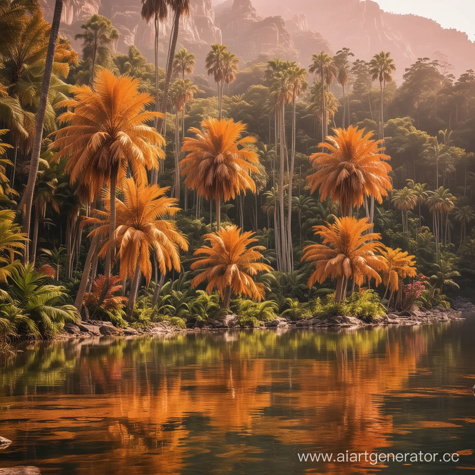 Vibrant-Sunset-Oasis-Majestic-Palm-Trees-Ferns-and-Rocky-Terrain-by-a-Serene-Lake