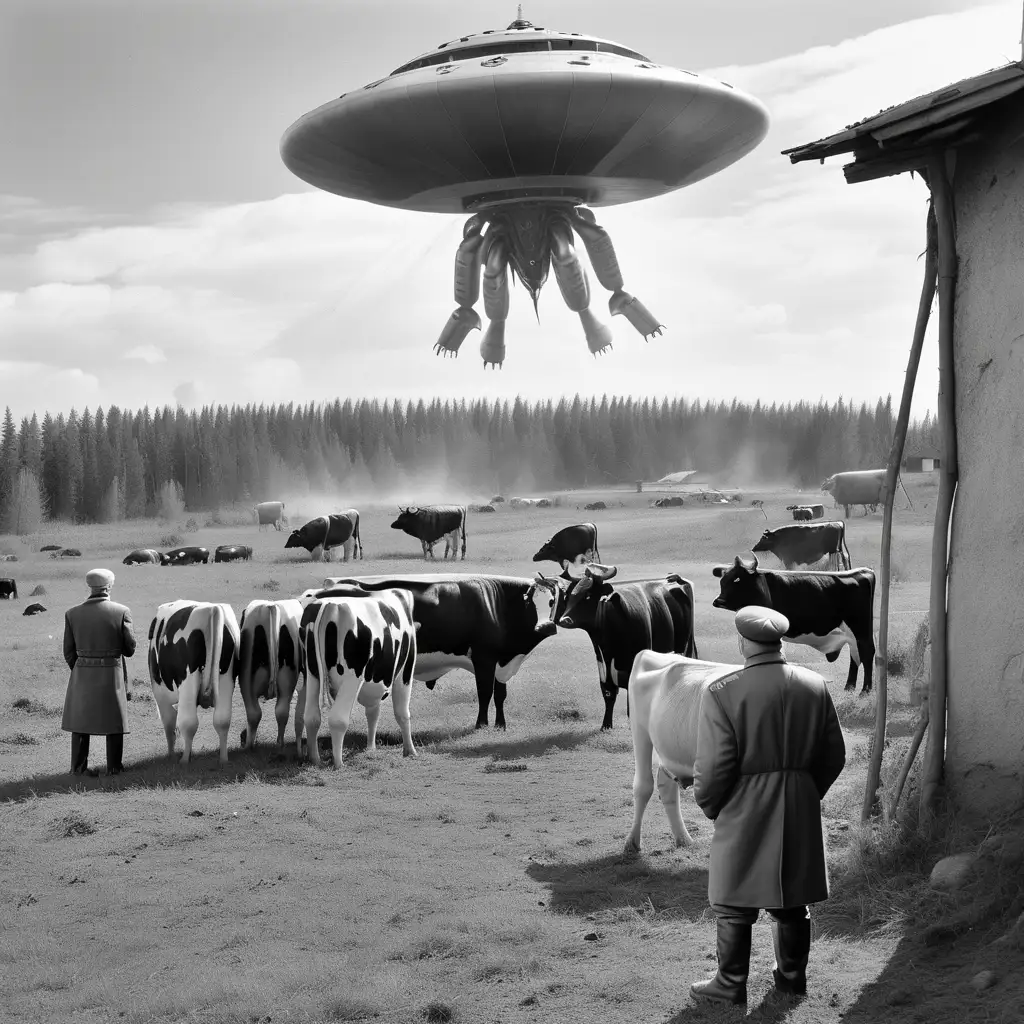 инопланетяне в советской деревне смотрят коров , черно белая фотография