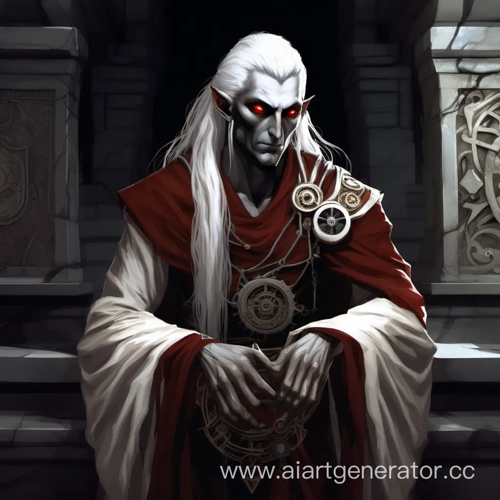 Dunmer Sotha Sil looking dark elfy, red diagonal eyes, and clockworky and in his toga dress thing with his long white hair holding his works. Looking pensive and stoic and lonely. His arm is mechanical.