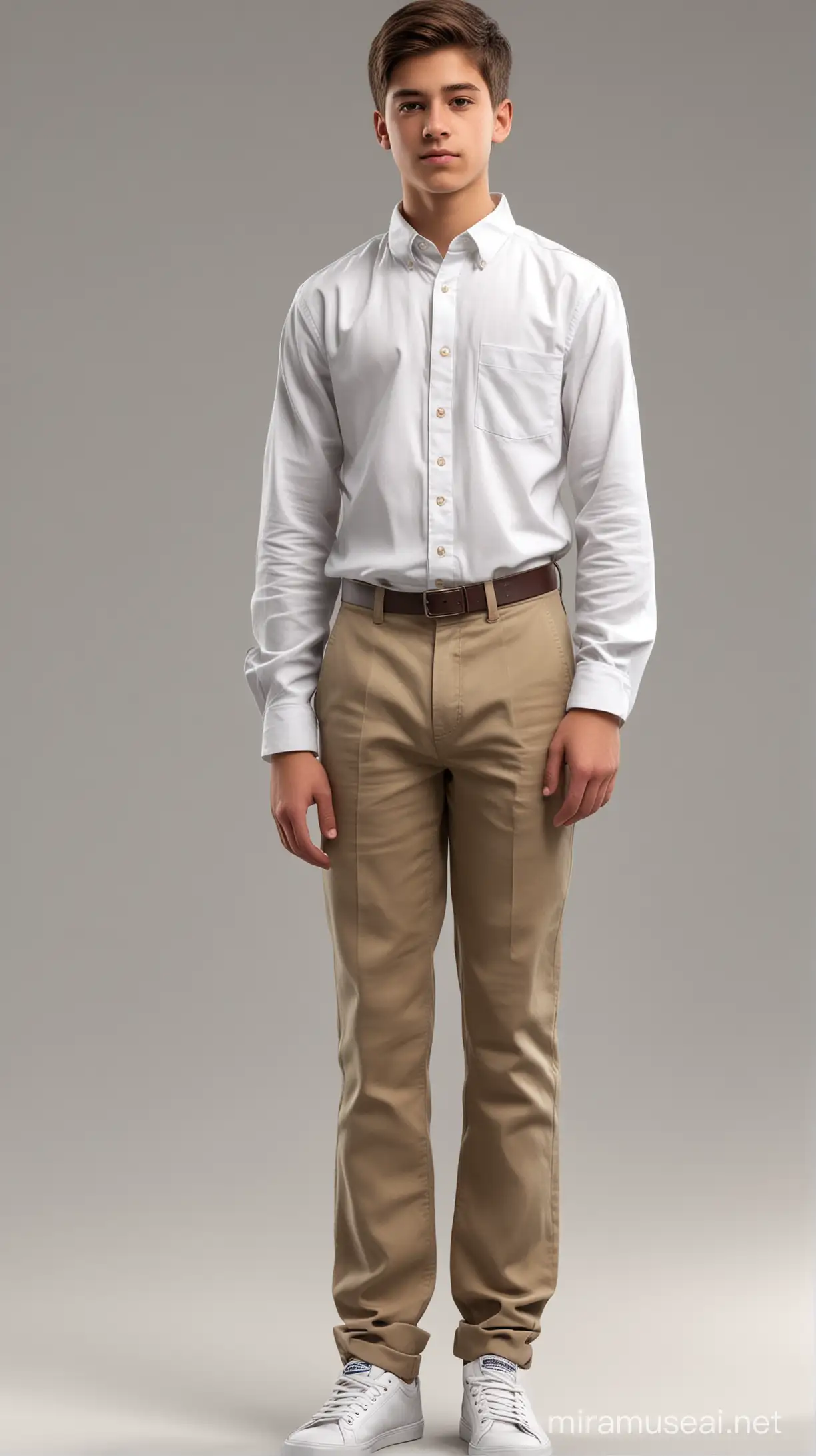 Young adult A-level school boy standing straight on a side pose wearing a full sleeve white shirt and khaki school pants, realistic, thin, teenage, handsome, full image, full shot, full-body.