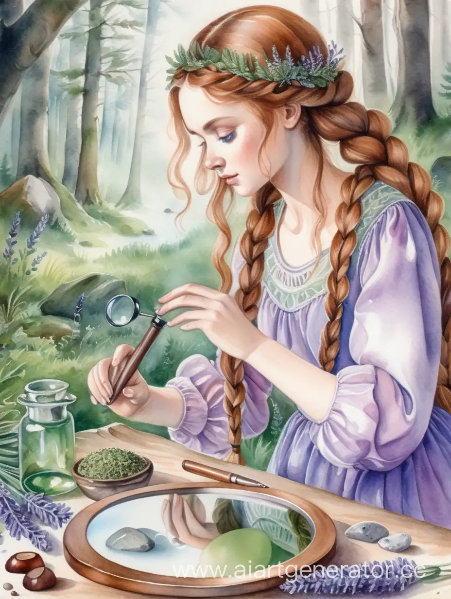 Slavic-Woman-in-Watercolor-Forest-Scene-Exploring-Moss-and-Lavender-with-Magnifying-Glass