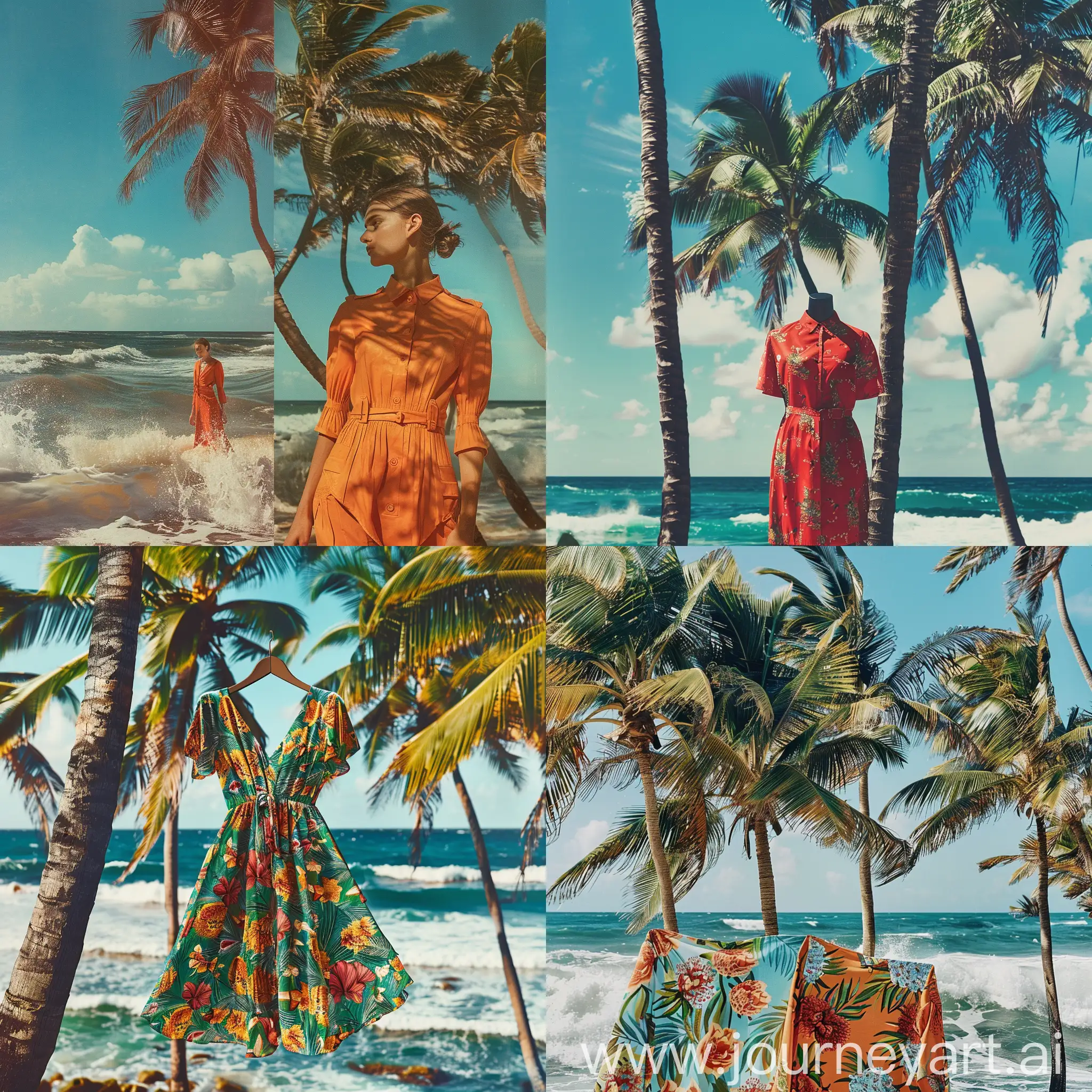 Showcase a stunning image of Reformation's latest sustainable fashion piece against a backdrop of palm trees and ocean waves, evoking the Miami beach vibe. Incorporate vibrant colors and natural lighting to highlight the garment's eco-friendly materials and stylish design.