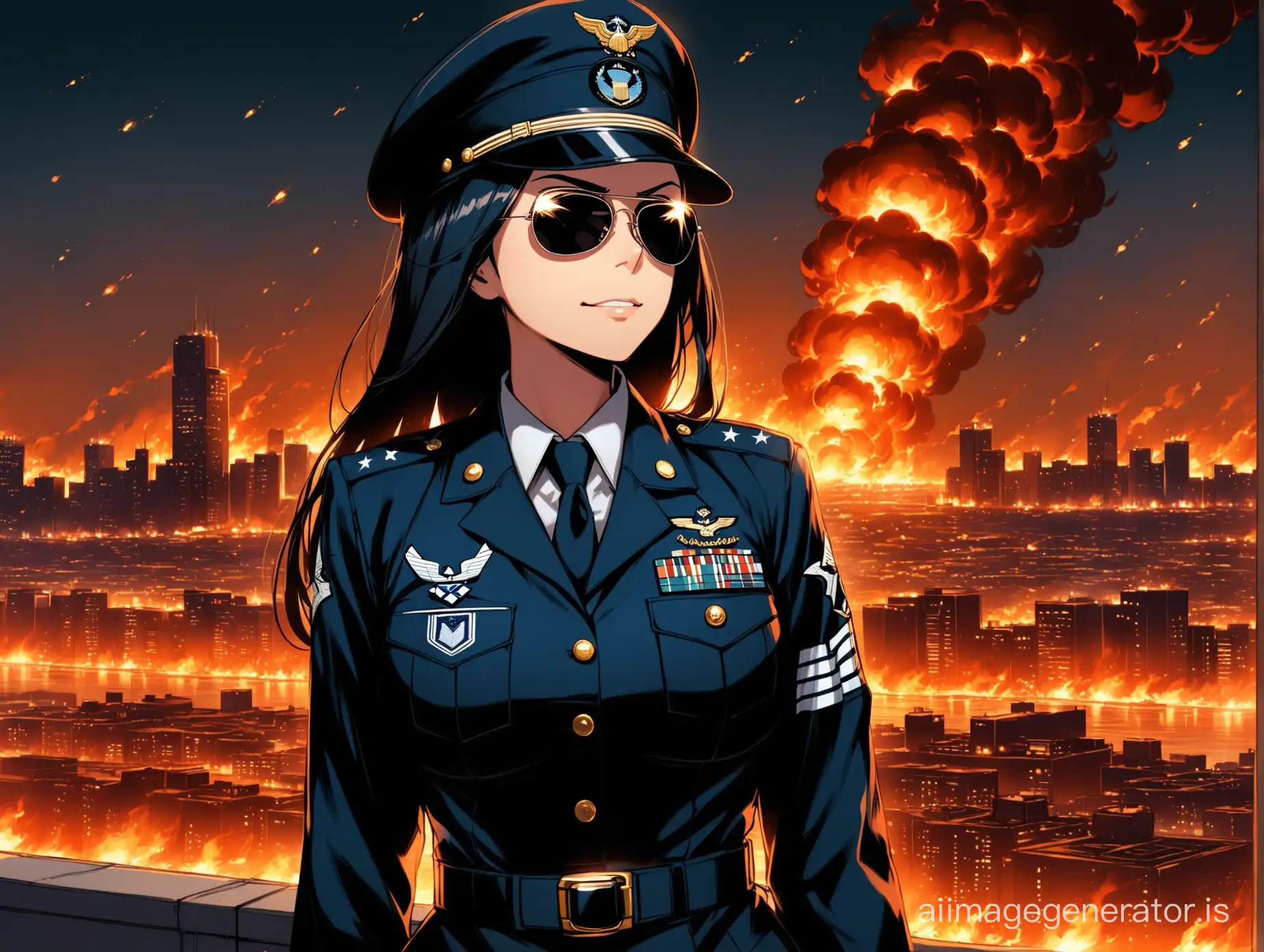 A serious woman with black hair in a black Air Force officer's uniform, wearing dark aviator sunglasses and a cap, stands with her hands behind her back, looking forward-right, against the backdrop of a burning city at night, slightly smirking.