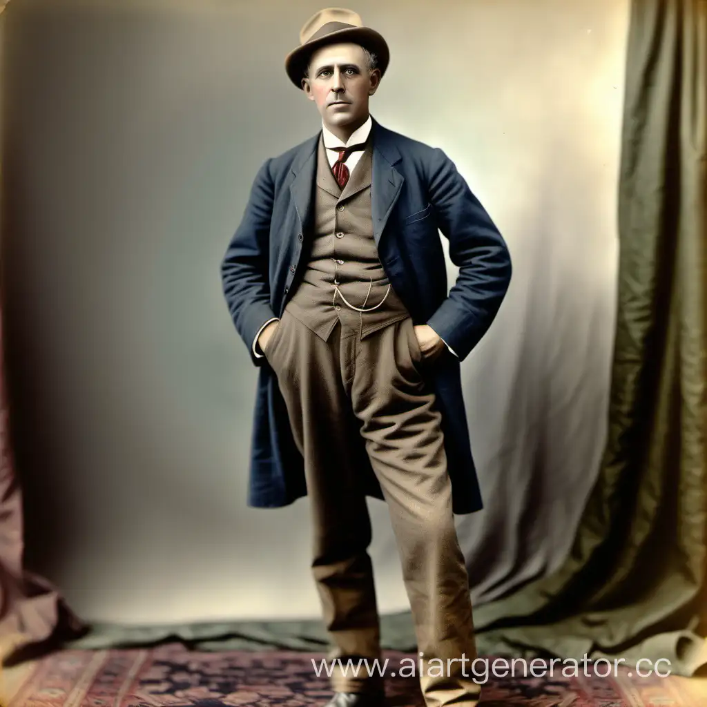 Coloured realistic full-length photo  of an american journalist similar to John Reed in the beginning of the 20th century