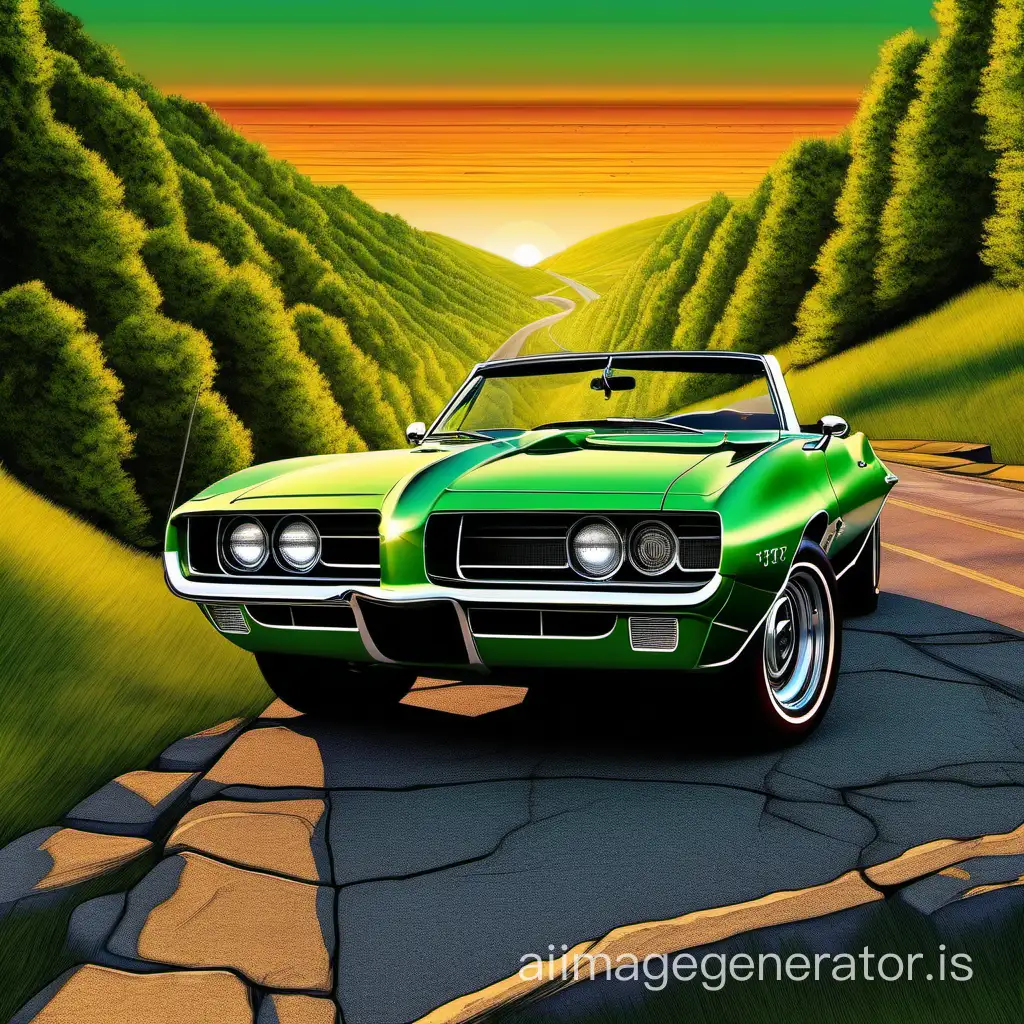 An abstract illustration created as a whole shot from the front view of a new unmodified factory stock model first edition Verdoro Green 1967 Pontiac Firebird convertible car with the top down and visible black colored interior which sits parked on a rock road overlooking a beautiful Tennessee countryside from a mountain with trees scattered throughout the background as the sky fills with color at sunset as summer seaon starts. Abstract, artist, best resolution, ultra-lens, accurate, realism, detailed, symmetrical, proportionate, awesome artwork, stunning art piece.