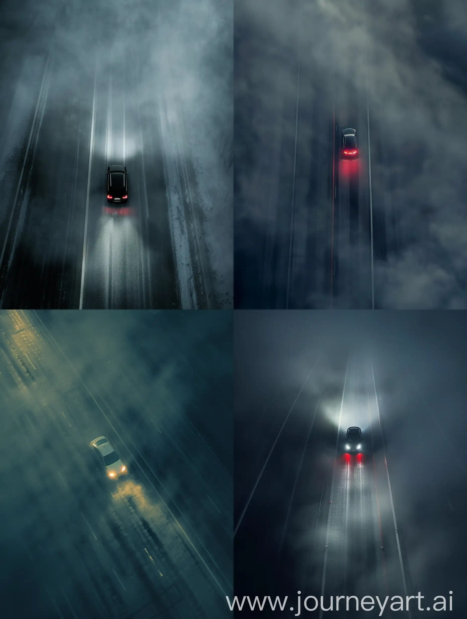 Photography From Above: One Car in on Highway, Only the lights of the car reflect in the night fog, Minimalism, Low Light, Dark theme --ar 3:4