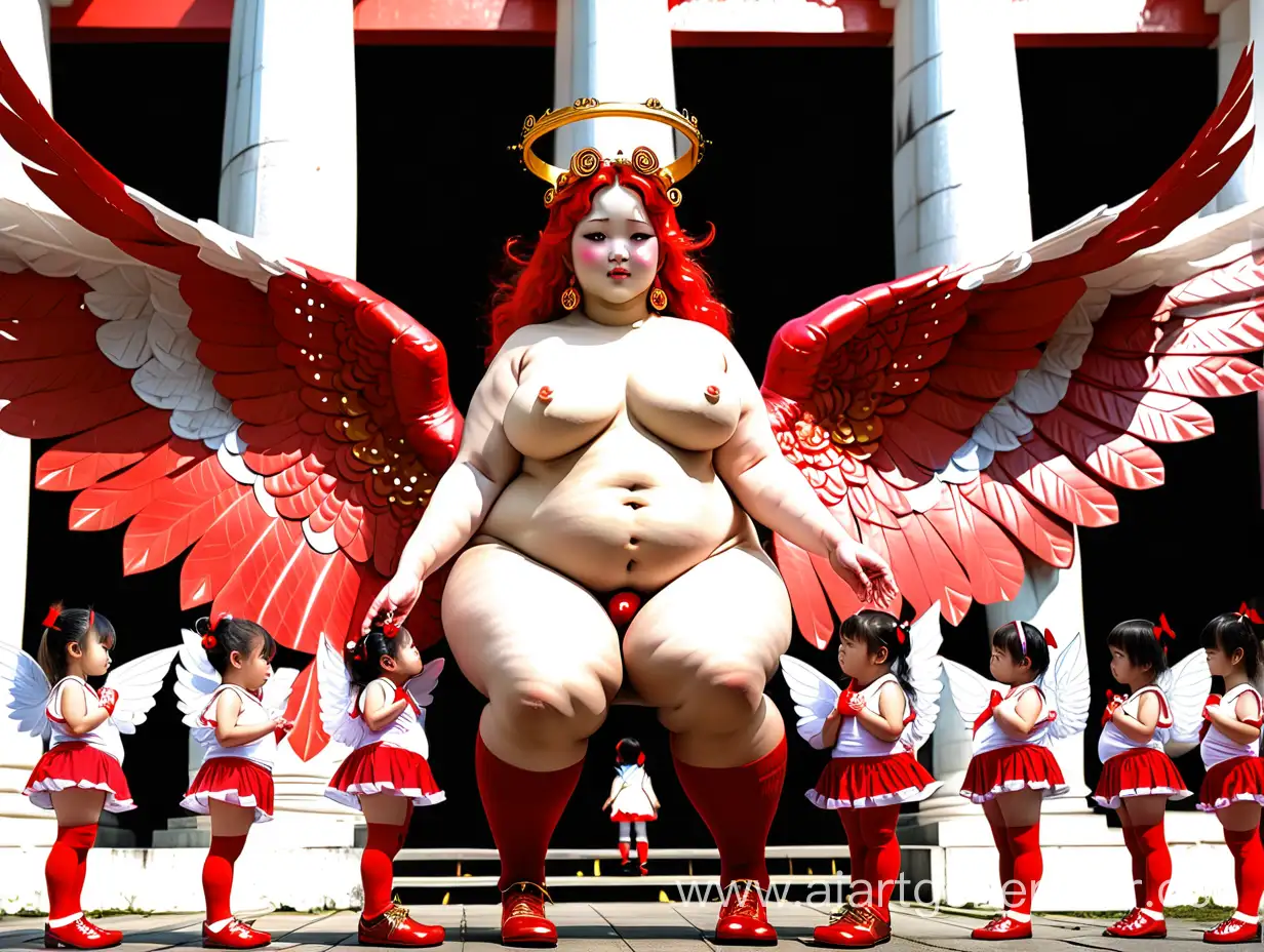 богиня fat angel mi крыльями с большими ОЧЕНЬ с нимбом  и большой red socks с множество  маленьких девочек детей в храме ai love 