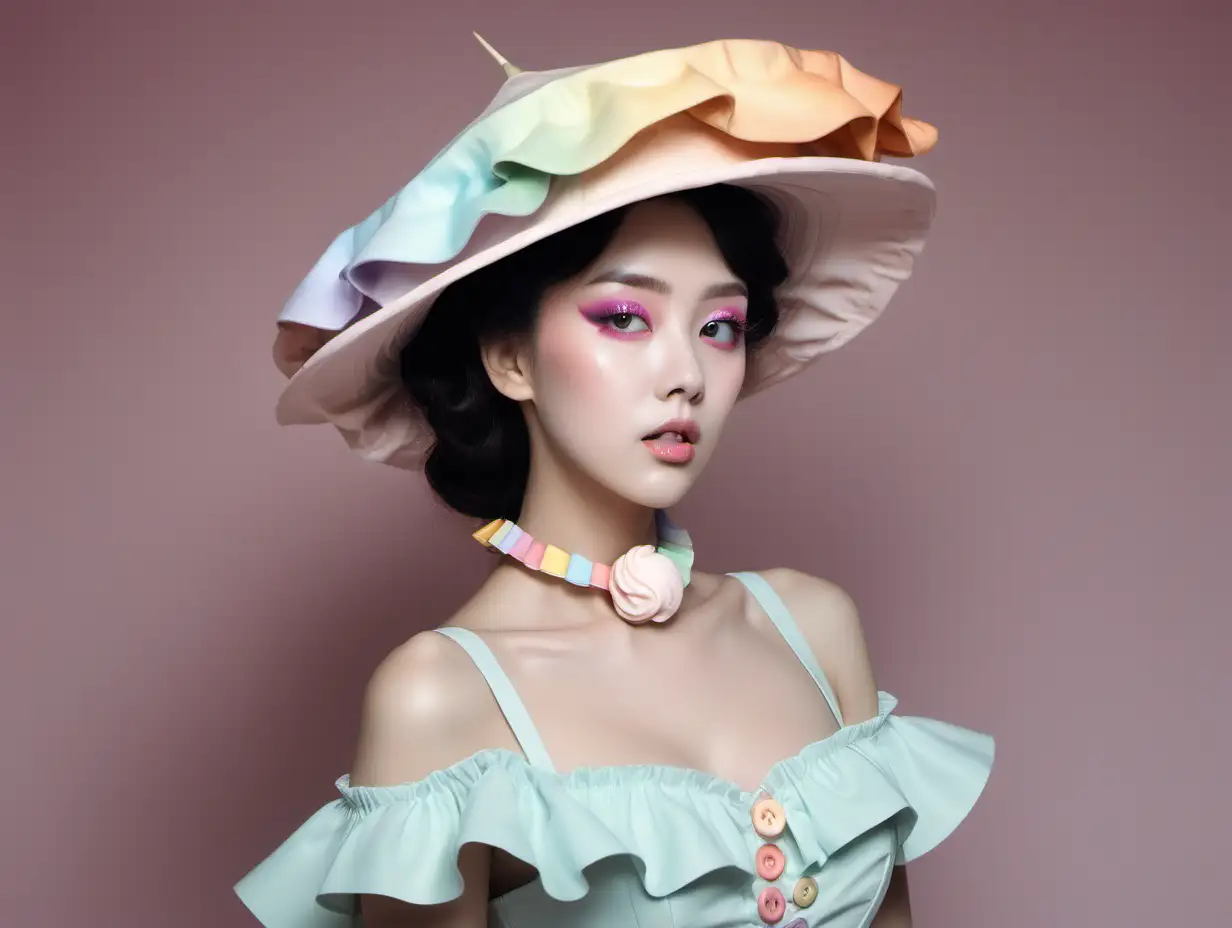 Futuristic Korean Woman in Pastel Ice Cream Couture Realistic Studio Portrait