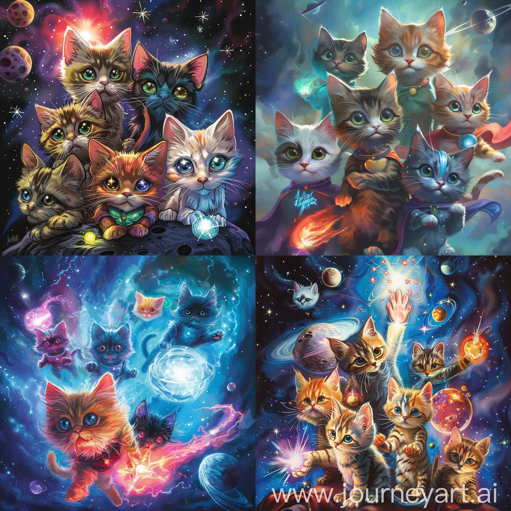 The cosmic kittens, a motley group of super hero kittens, each with unique magic space powers