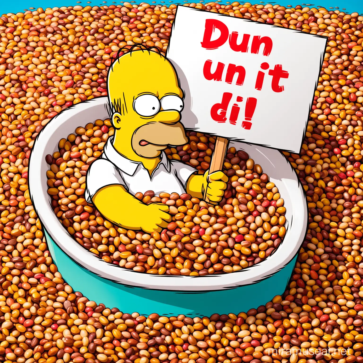 Homer Simpson in a bath of beans holding a sign that says "Dun it"