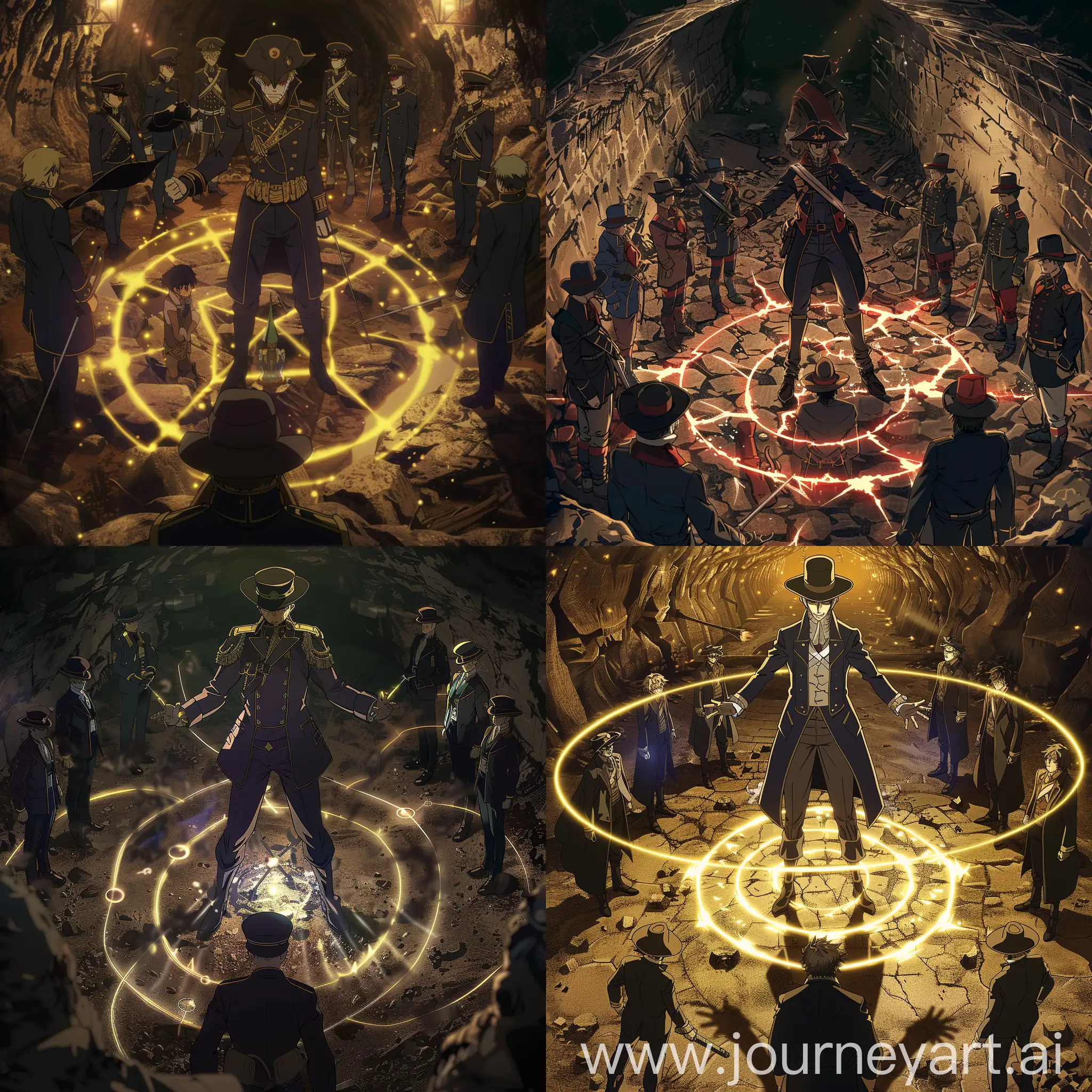 Napoléon from Fate/Grand Order with his battle suit, his hat and his canon in the middle of a summoning circle with people in suit around the circle and a man in front of him in a dark underground; type moon style; anime style; hd; Fate;FGO;