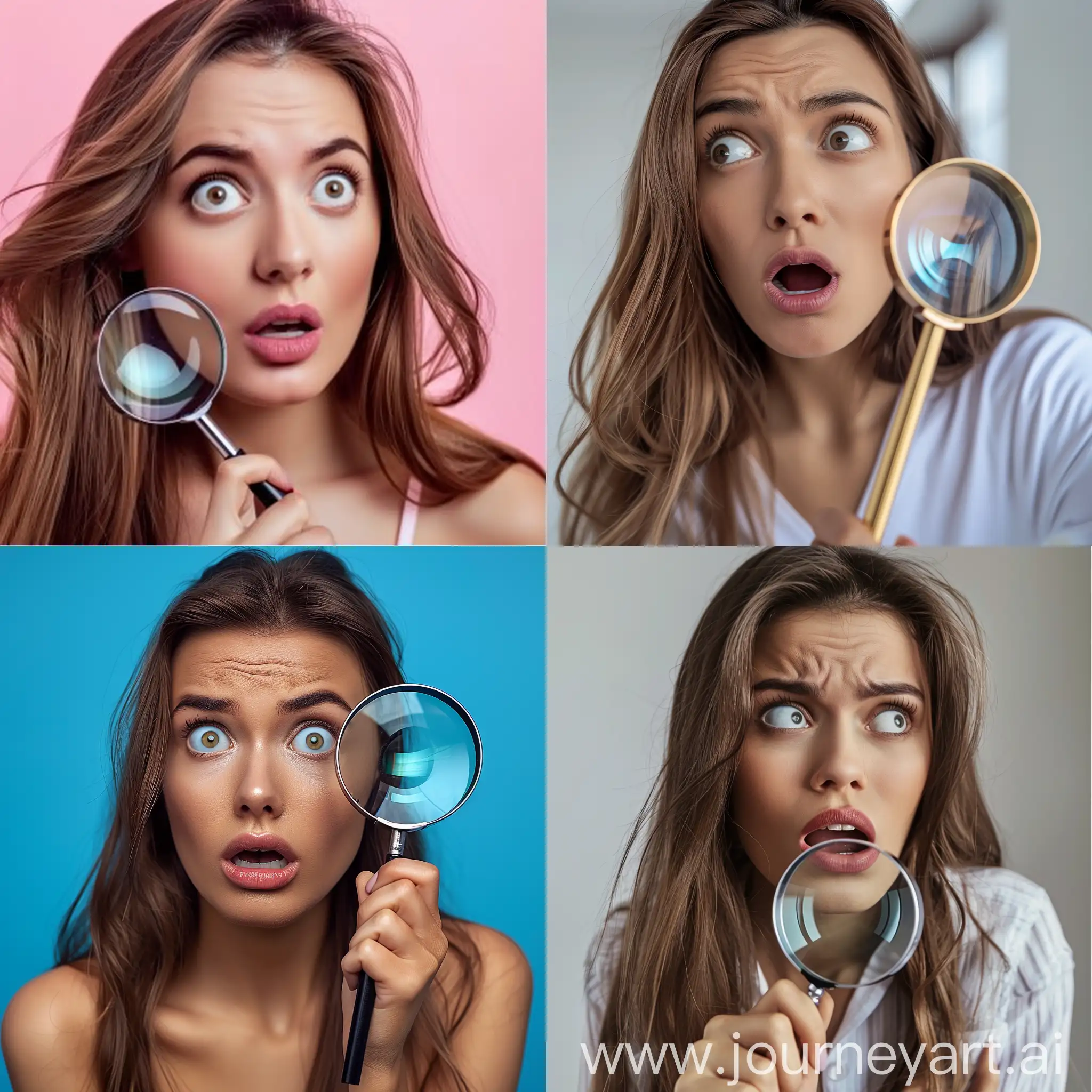 a clear face of a pretty female with a light skin and long brown hair with a very a very expressive and surprised look on her face looking straight at you with a magnifying glass in her hand, helding it next to her head not fading background in hd/4k