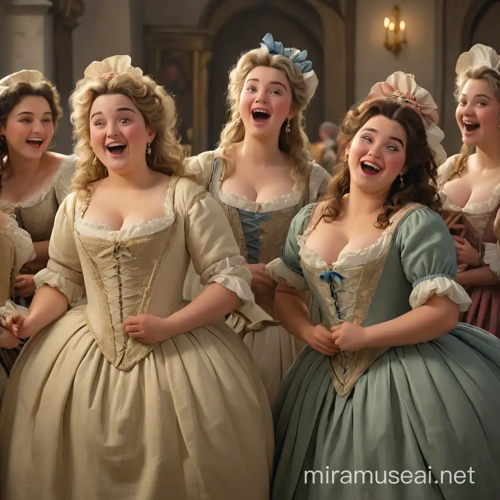 a lot of loving and very sexy women. they are very happy and excited. they are wearing 18th century French clothing. All girls are plump and fat . we can see them in full height. we can see their faces well and clearly. without background. In the style of 3d animation, realism.