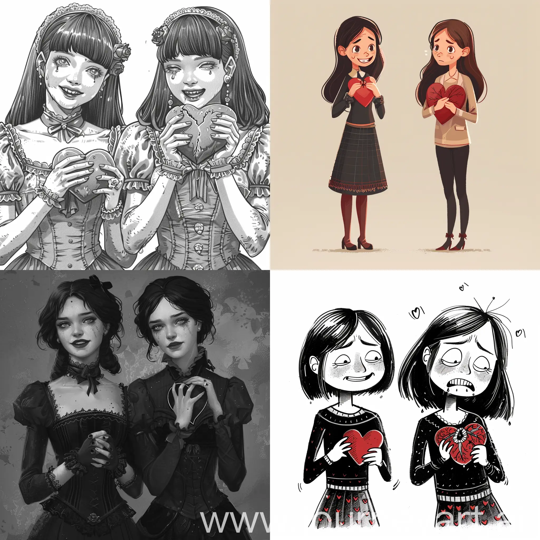 The two women look alike. Wear the same clothes. The woman on the left holds a heart and smiles happily. The woman on the right holds a broken heart and cries.