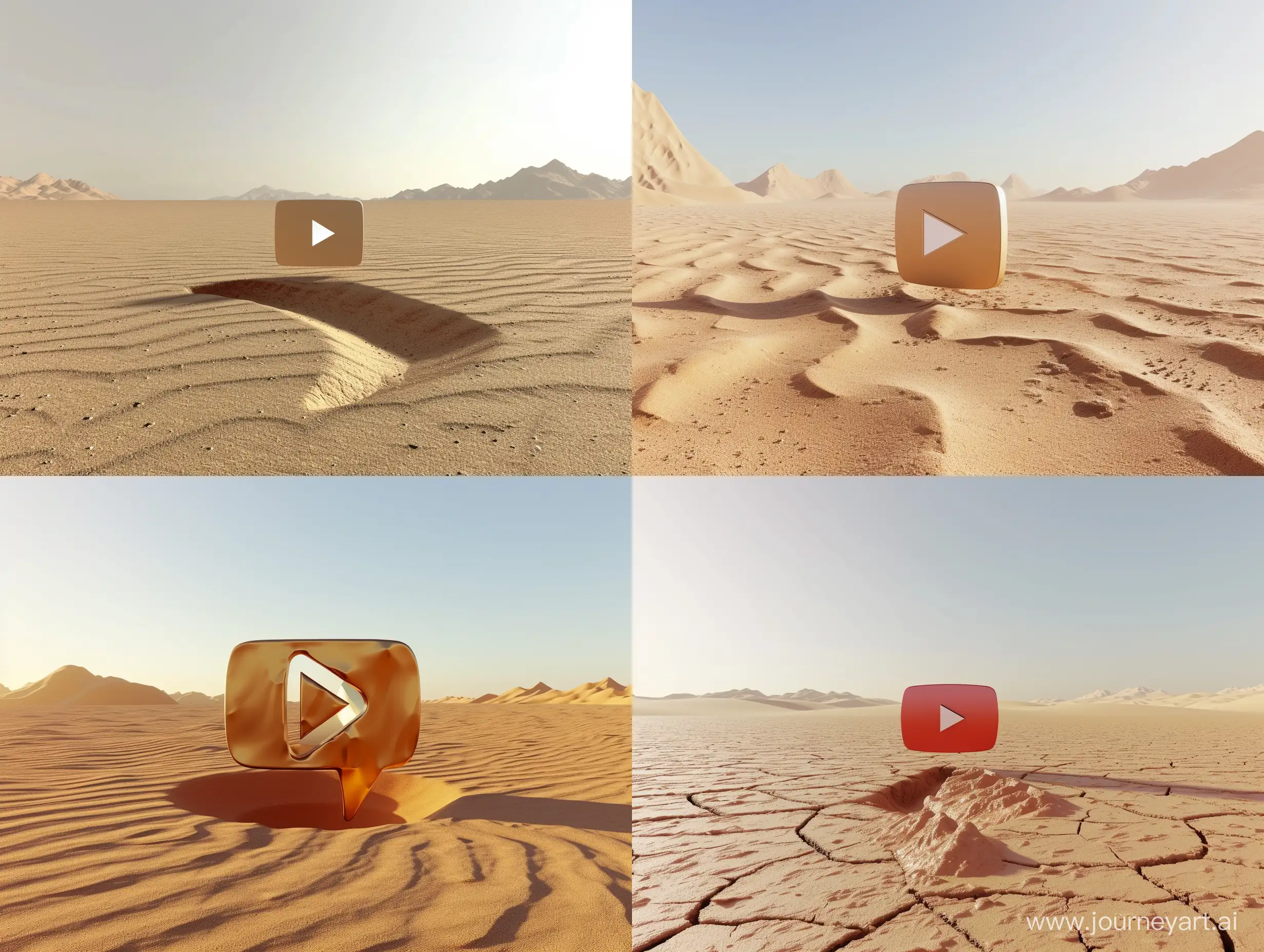 Imagine a desert. In the center, a 3D YouTube logo rises from the ground. Adjust image quality from 0-3, Set aspect ratio like3:2, Control strength of default Midjourney style --v 6 --ar 4:3 --no 37288