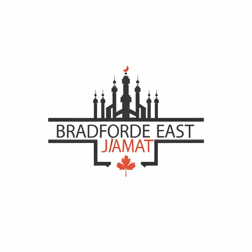 a logo design,with the text "Bradford East Jamat", main symbol:minaratul masih and maple leaf,complex,clear background