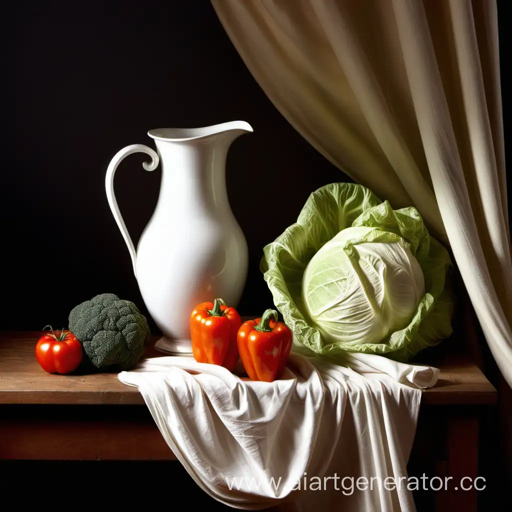 Лёгкий натюрморт из 2 предметов с драпировкой 
С овощем или кувшином