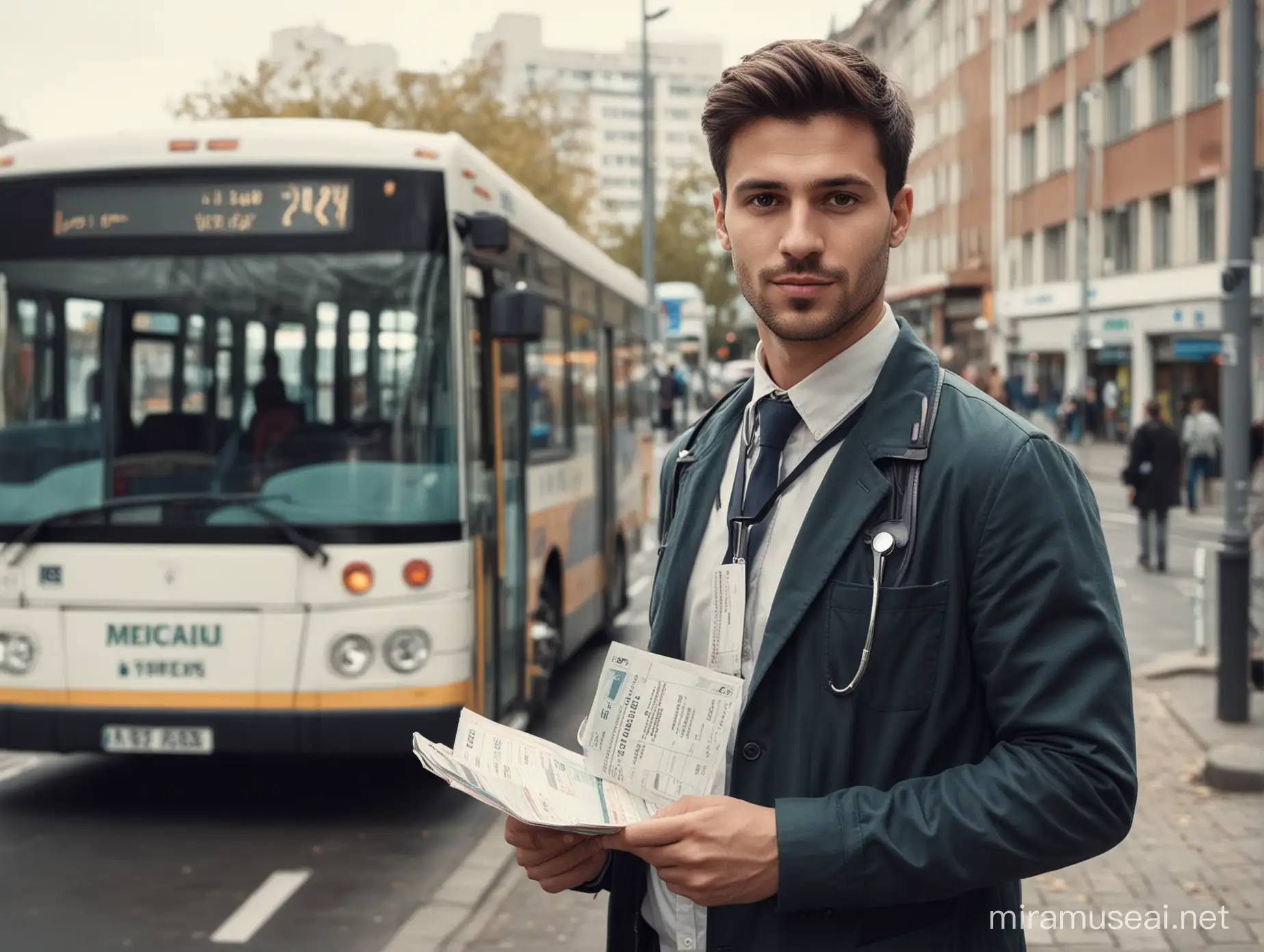 realistic photo, cinematic look, 28 years old medical student standing is a autobus stop with an stethoscope in one hand and a bus ticket in the other, the man is looking at the camera, wide shot that we can see the all autobus stop from the front and the student is up right  in the middle of the bus stop