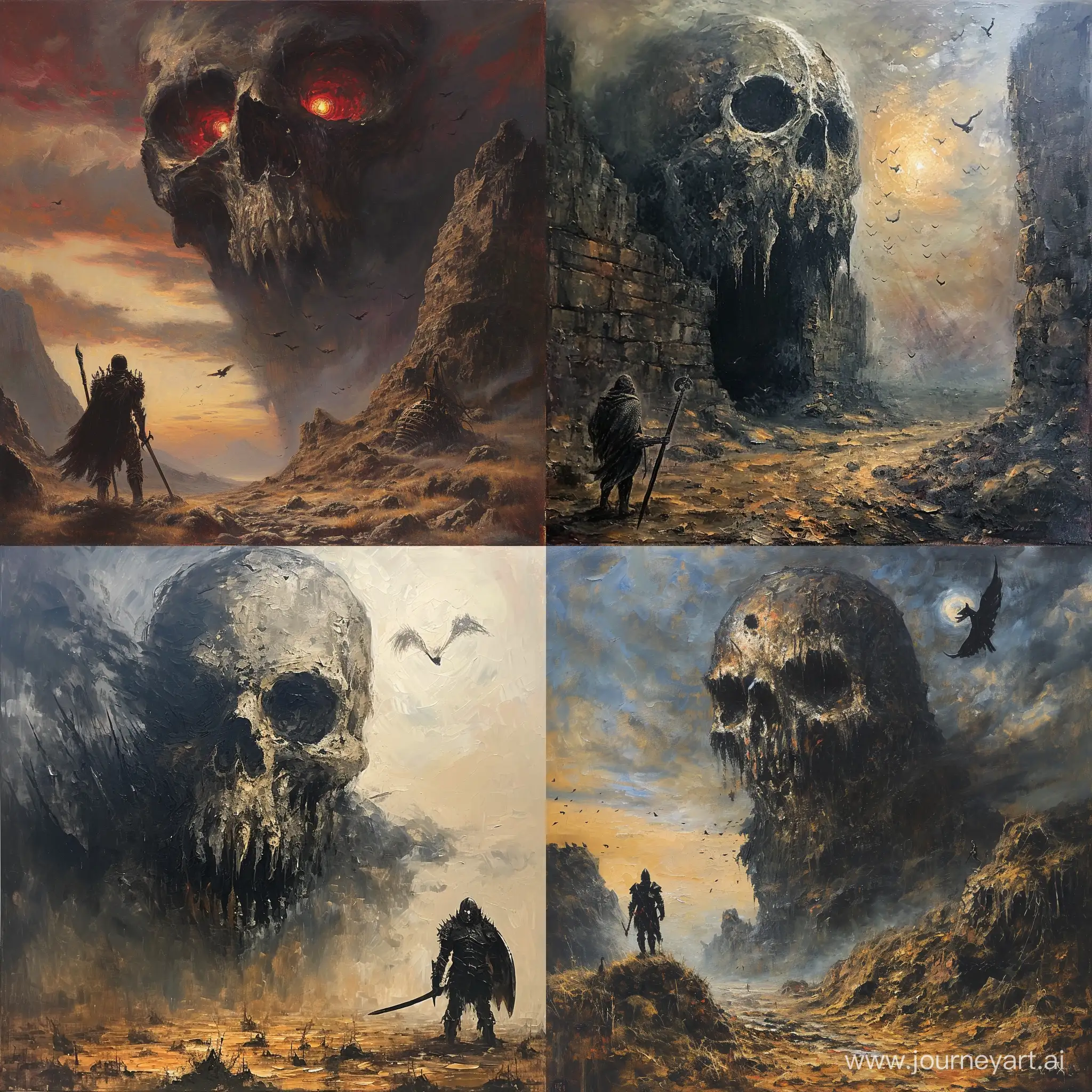 Oil painting, ::1.2. a warrior stands in a desolate land with a giant skull looming above them. The warrior is equipped with a sword and shield, there is a skull with glowing eyes in the background. The scene is set at dusk, there are crows flying around. Oil painting, --v 6