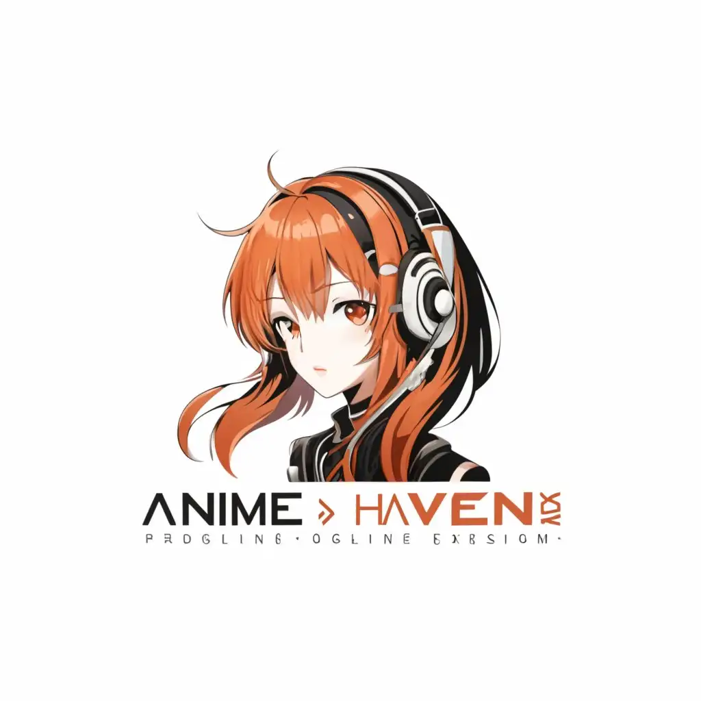 a logo design,with the text Anime Haven, main symbol:Anime girl with headset,Minimalistic,clear background